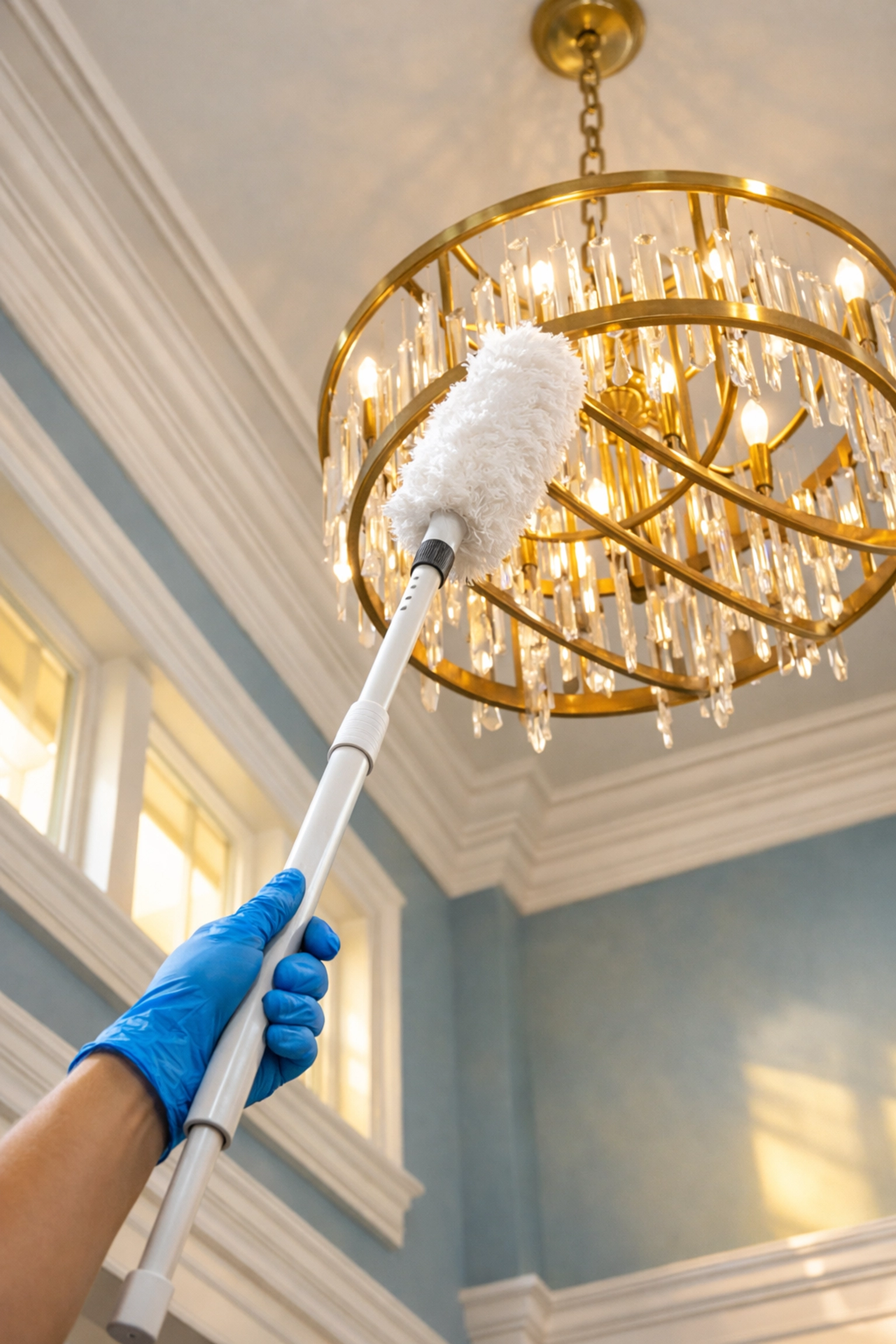 Top-to-bottom deep cleaning services for a Framingham home chandelier and crown molding.