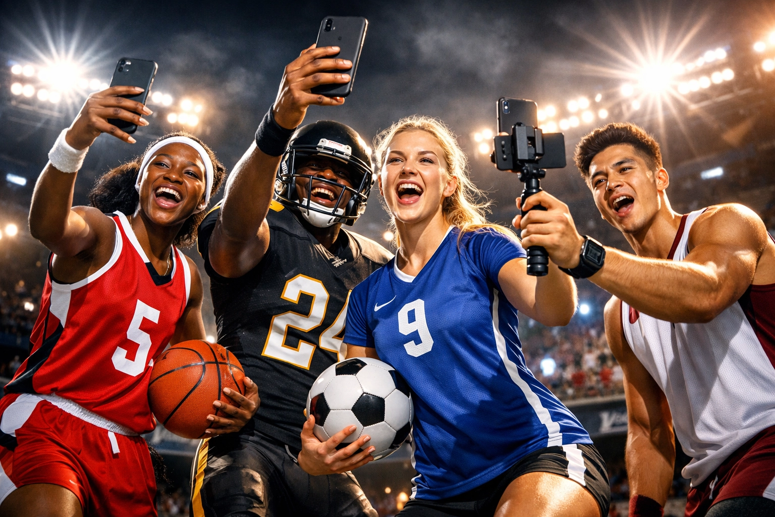 College athletes from multiple sports creating NIL content together on smartphones