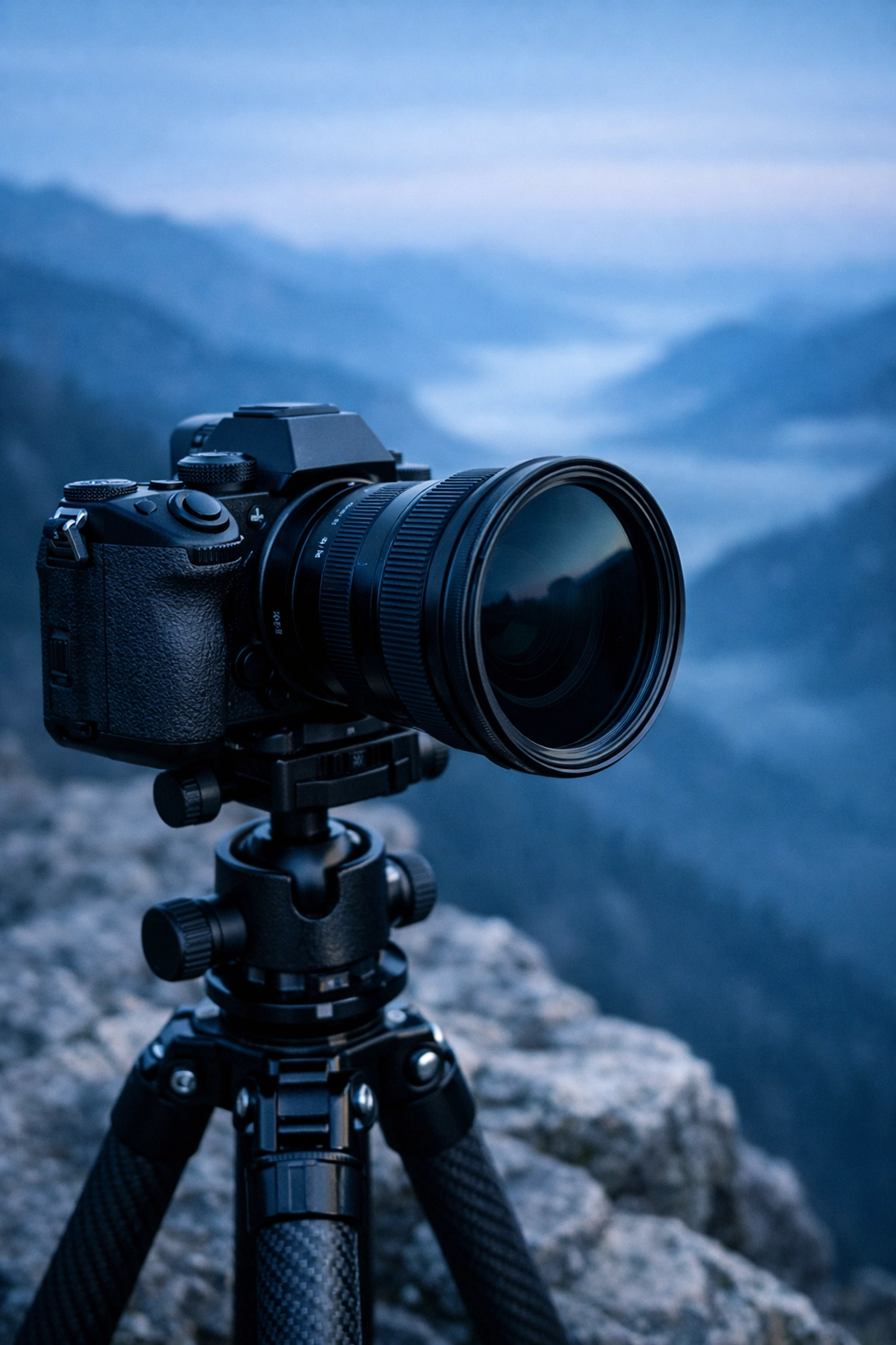 Professional mirrorless camera on a tripod for landscape photography on a misty mountain cliff.
