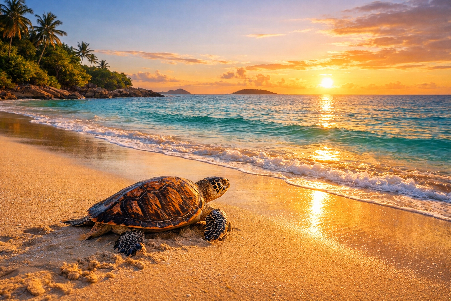 Hawksbill sea turtle moving toward the ocean on a sunset beach, supporting habitat conservation efforts.