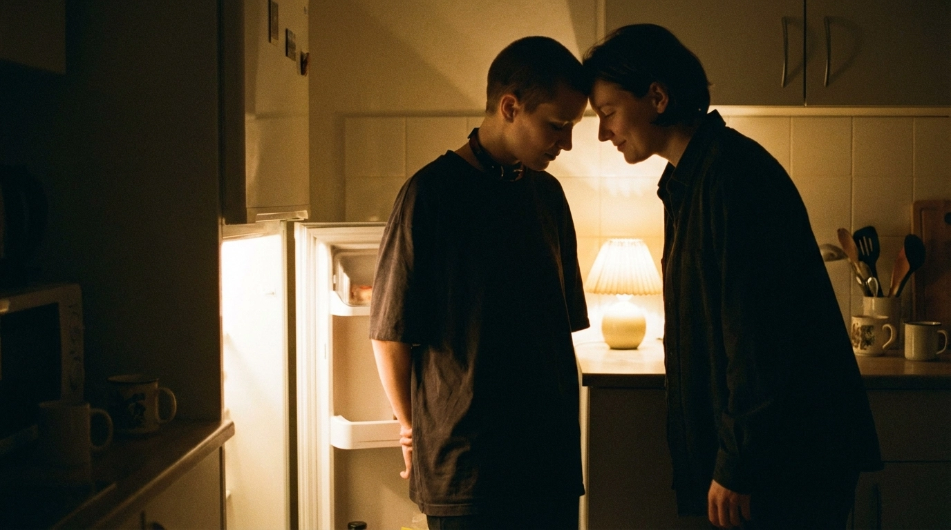 Night kitchen intimacy with collar and loose rope tie under fridge light, desperate longing documentary feel