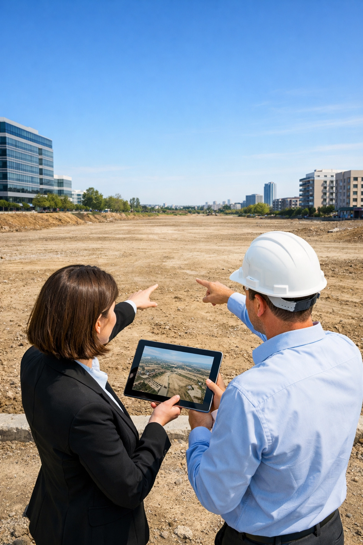 Property development experts reviewing site strategy and acquisition plans on a digital tablet.