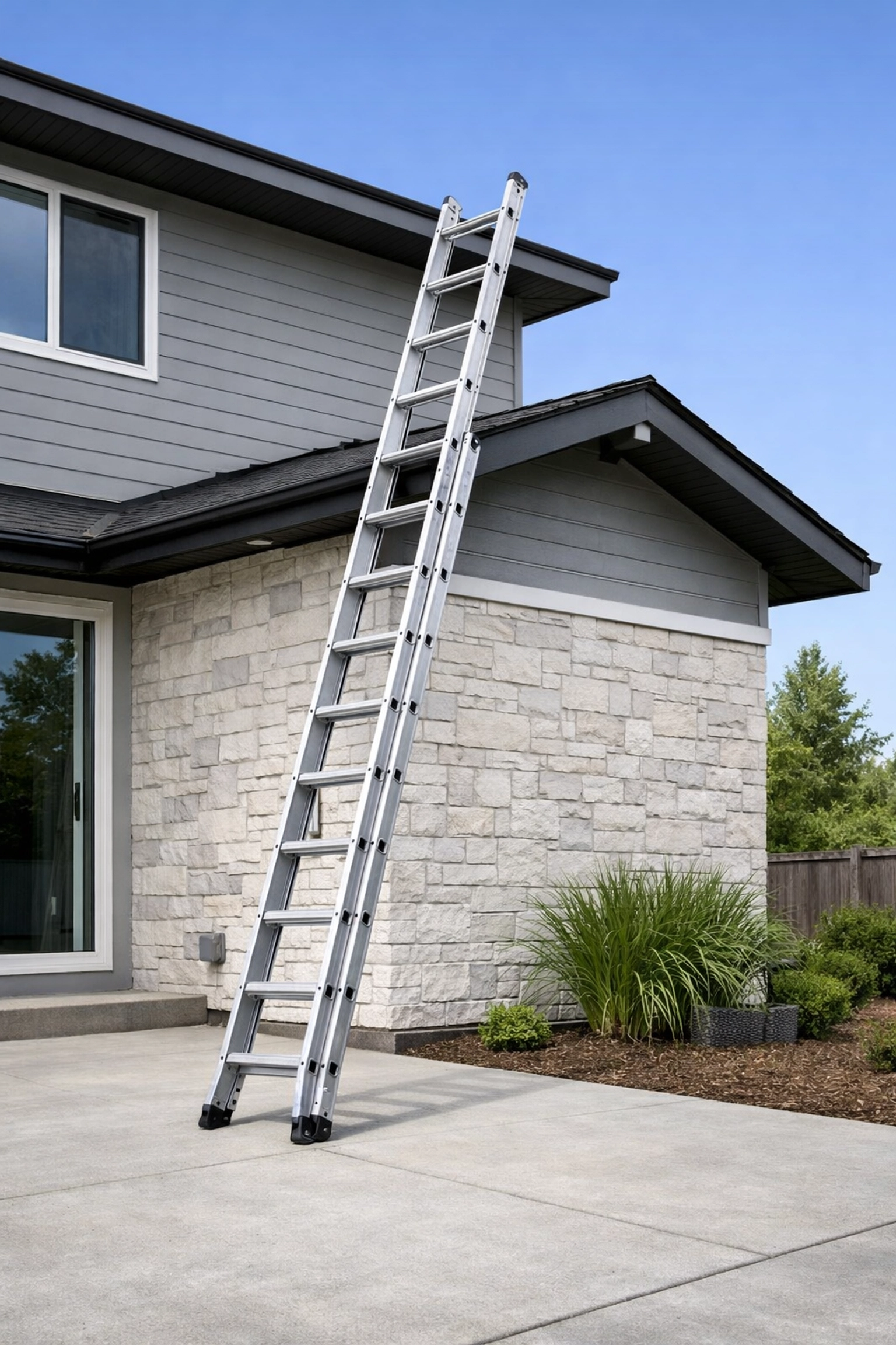 Aluminum extension ladder positioned at a safe angle for painting contractor safety compliance.