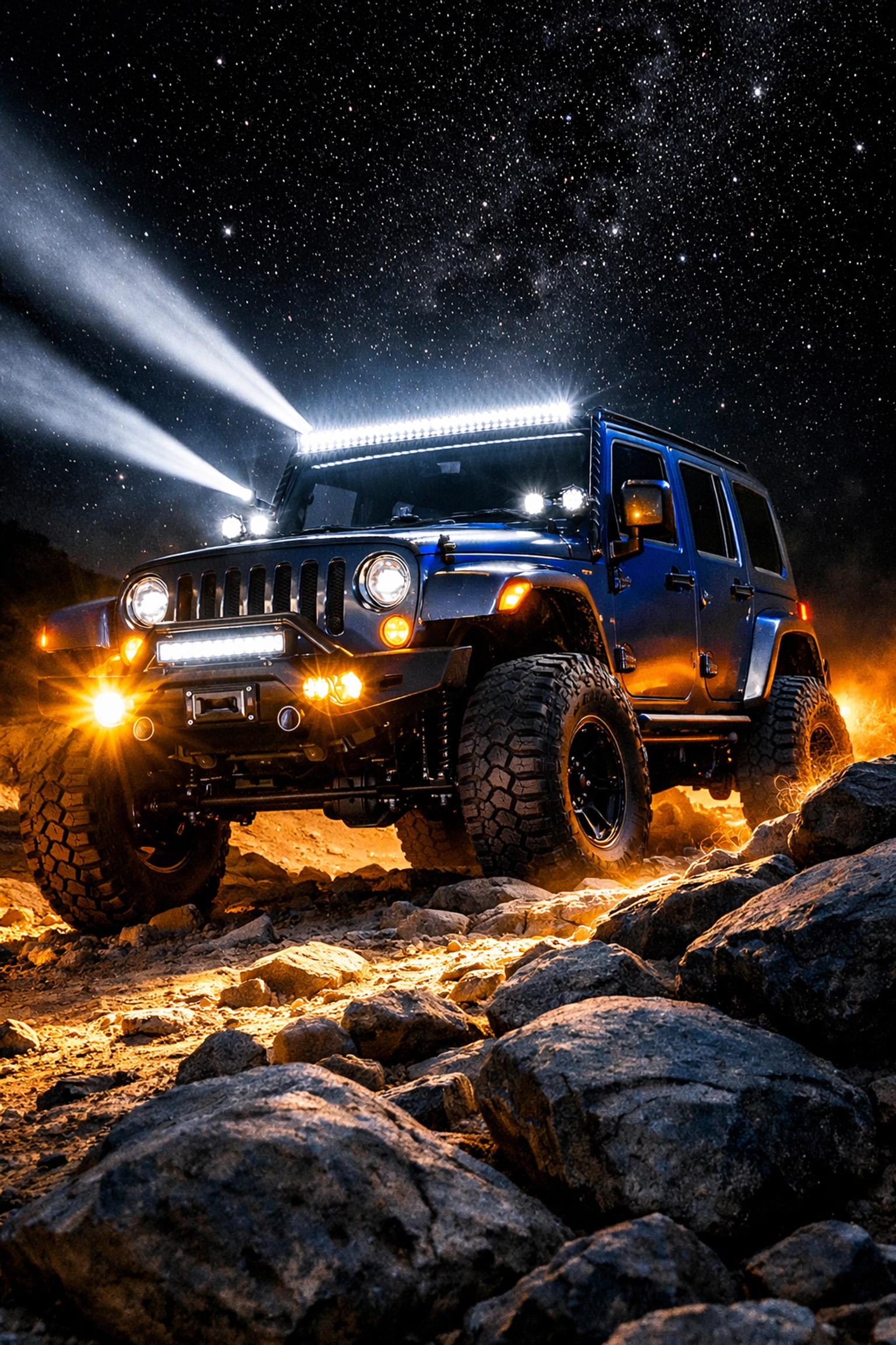 Jeep Wrangler with LED light bars and pod lights illuminating rocky desert trail at night