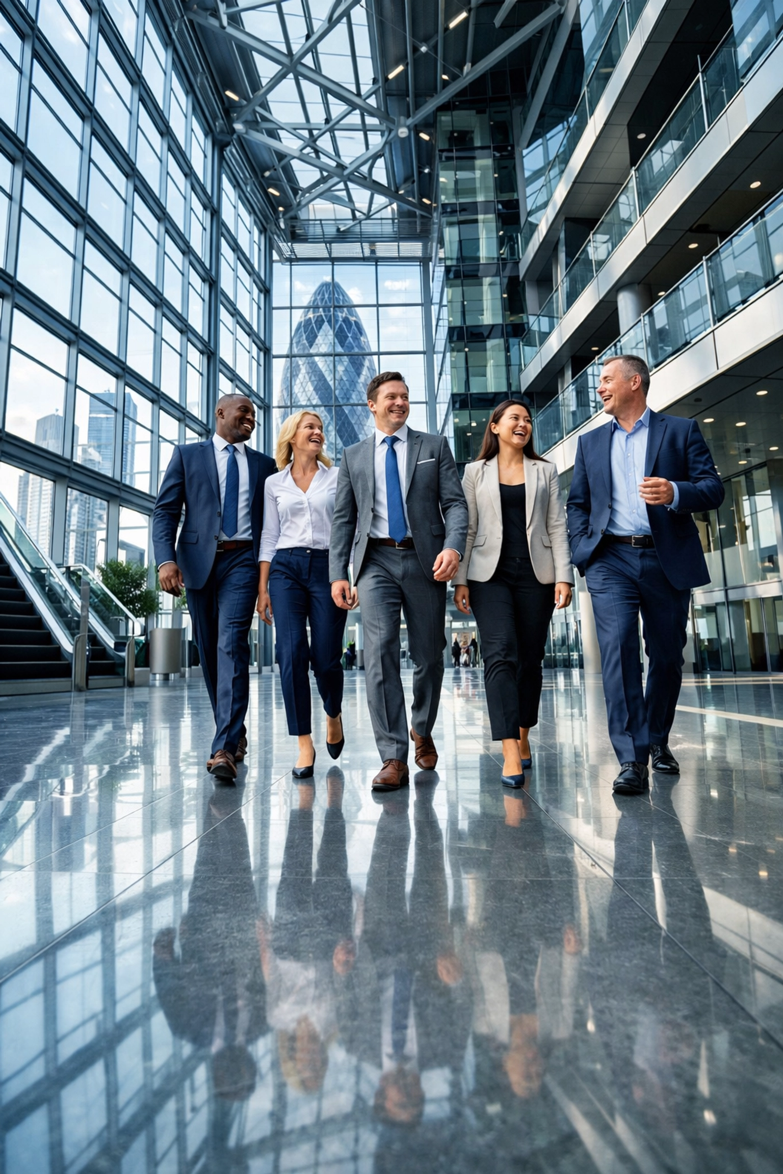A successful and motivated sales team walking through a modern office, showcasing high-performance culture.