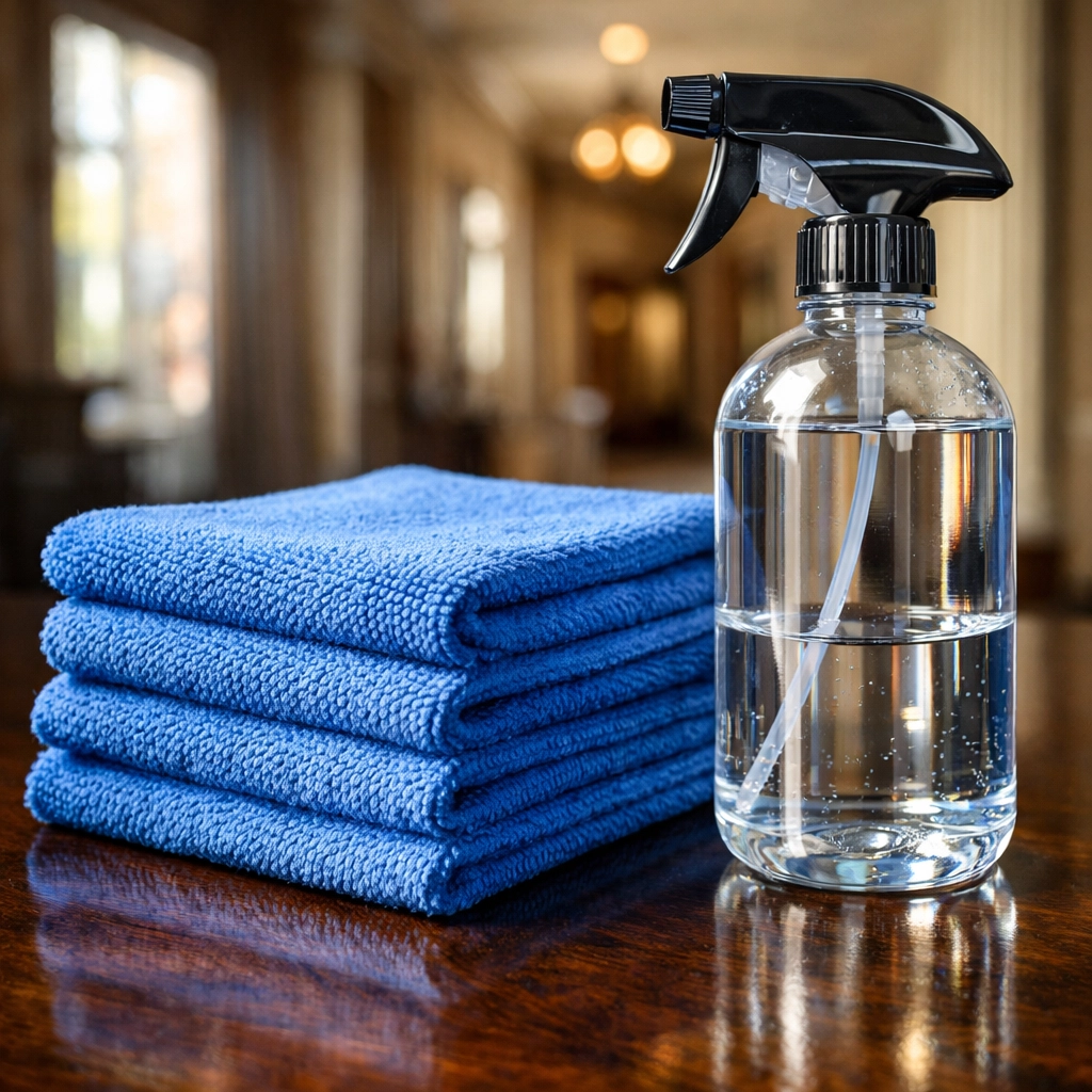 Professional house cleaning supplies and microfiber cloths ready for a recurring home cleaning in Berlin.