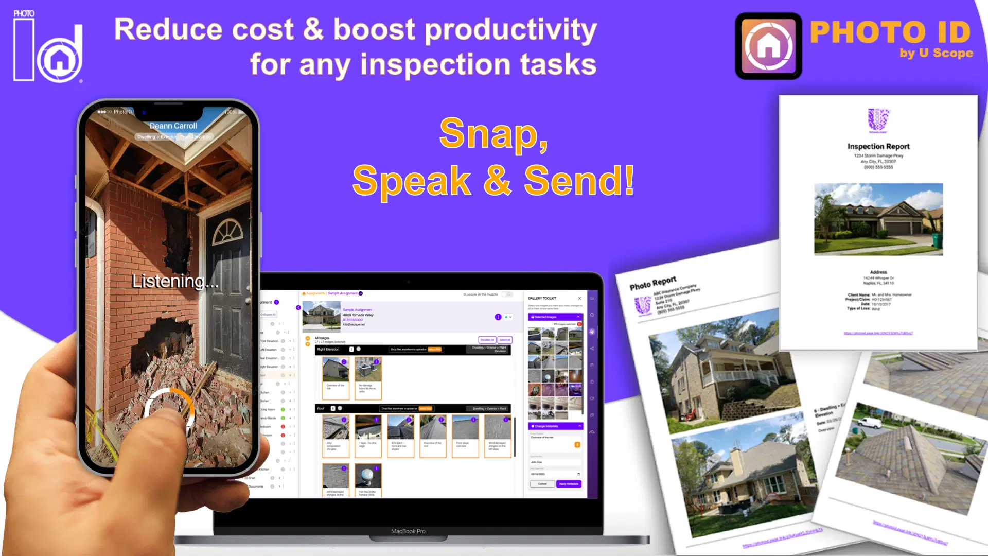 A visual overview of the PHOTO iD end-to-end workflow: snap, speak, and send to generate instant reports.
