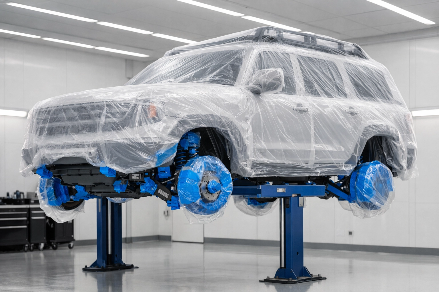 Meticulous vehicle masking and preparation for professional rustproofing in a clean automotive workshop environment.