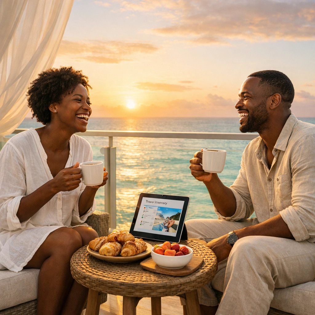 Couple enjoying relaxing morning coffee on ocean view balcony during stress-free vacation