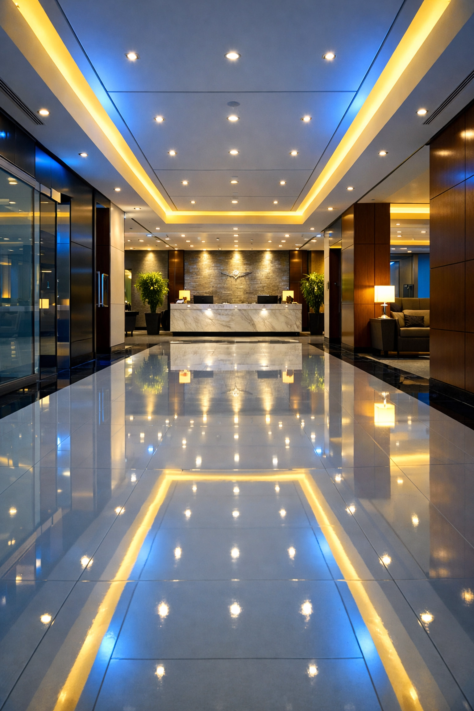 Pristine office hallway with high-gloss floors following a professional commercial cleaning in Bedford.