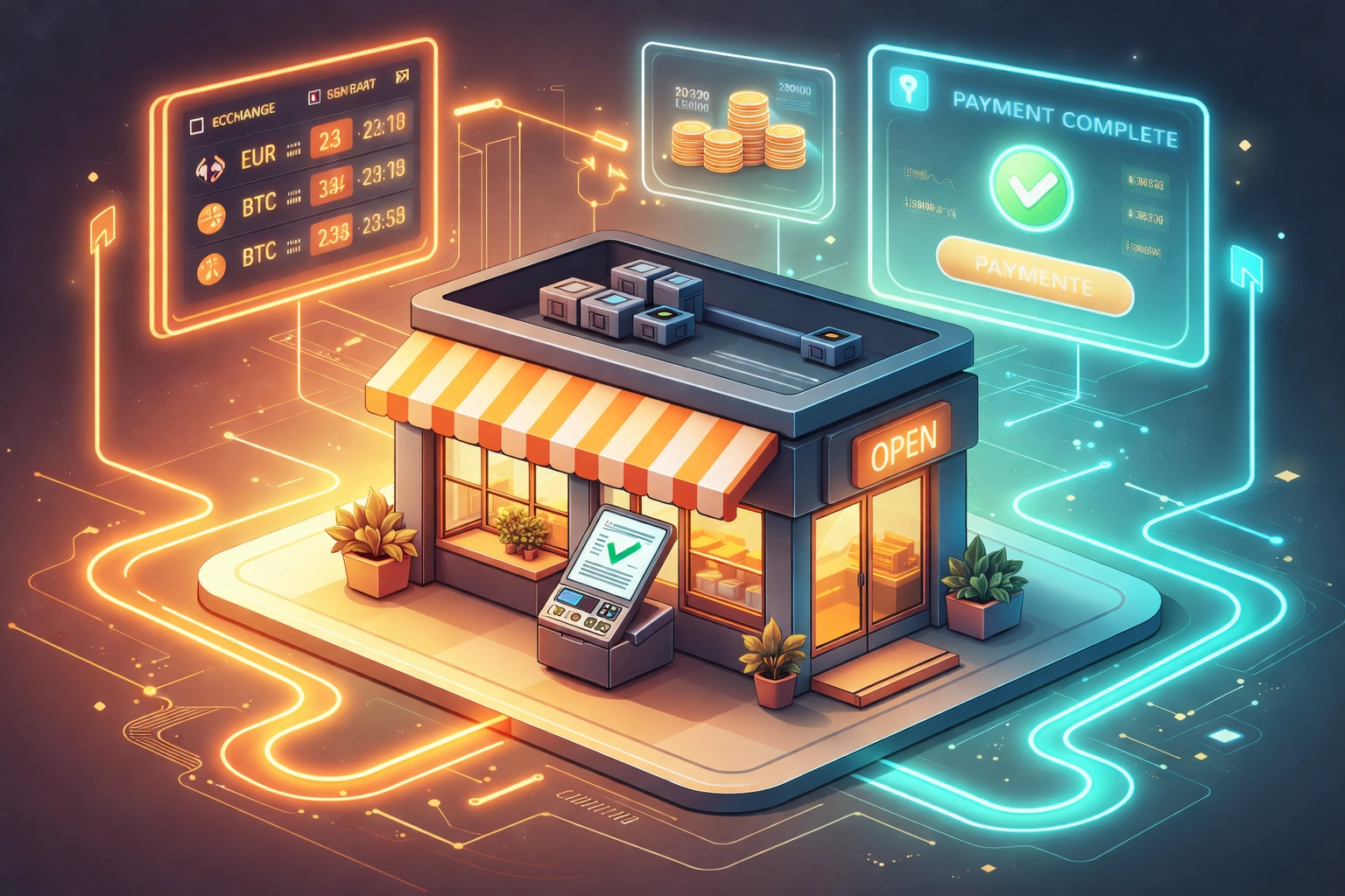 Small business storefront linked to a digital payments ecosystem, highlighting Larecoin POS integration and merchant efficiency