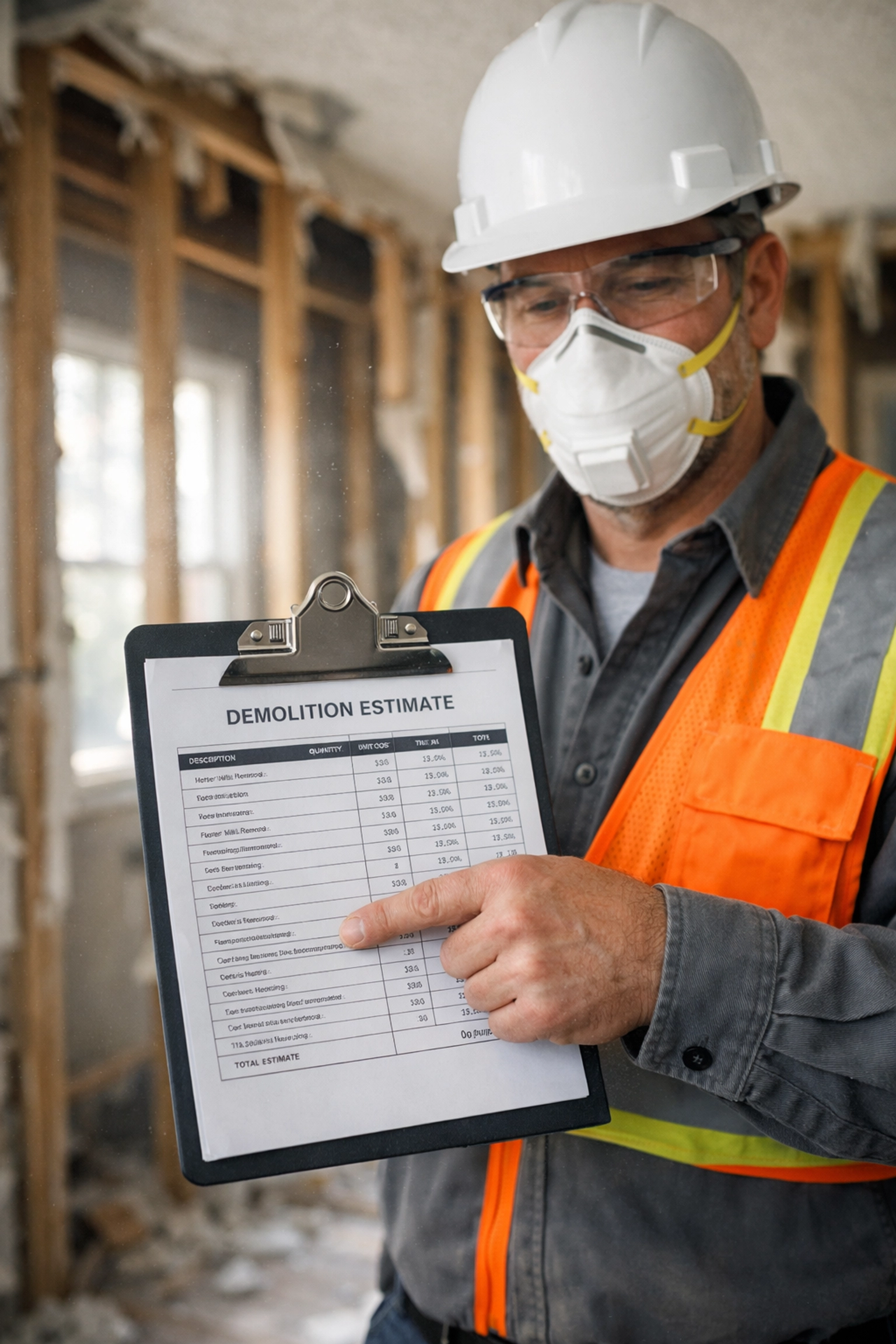 Demolition contractor reviewing detailed written estimate at residential interior demo site