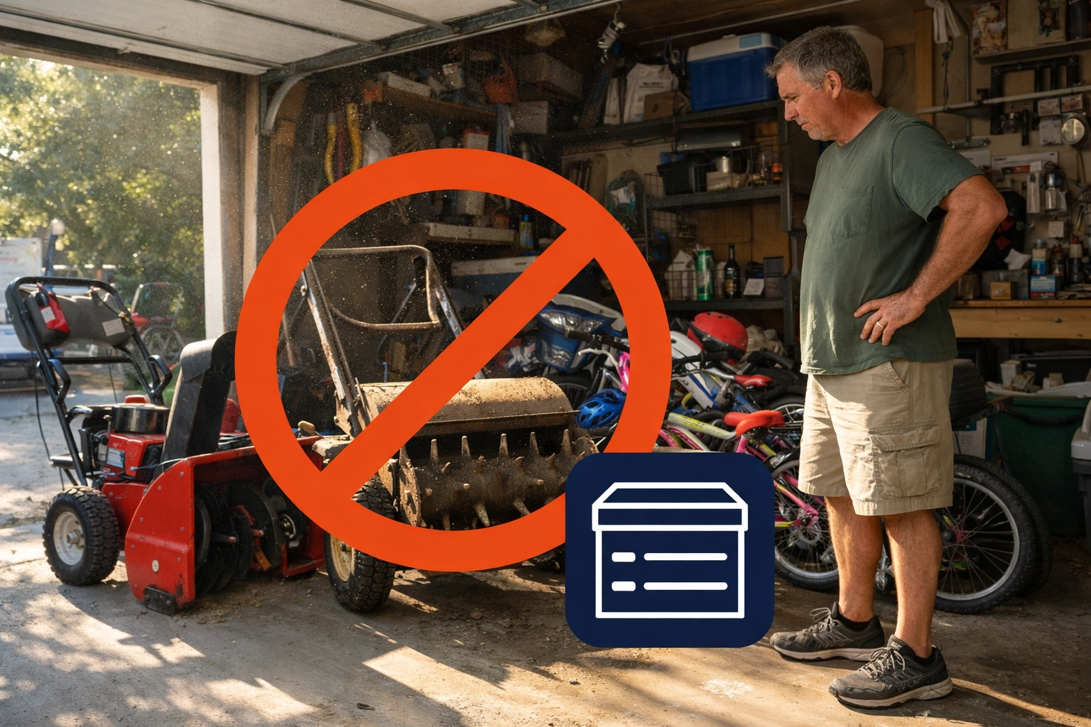 Stressed homeowner in a Burlington garage struggling to store a bulky gas-powered lawn aerator.