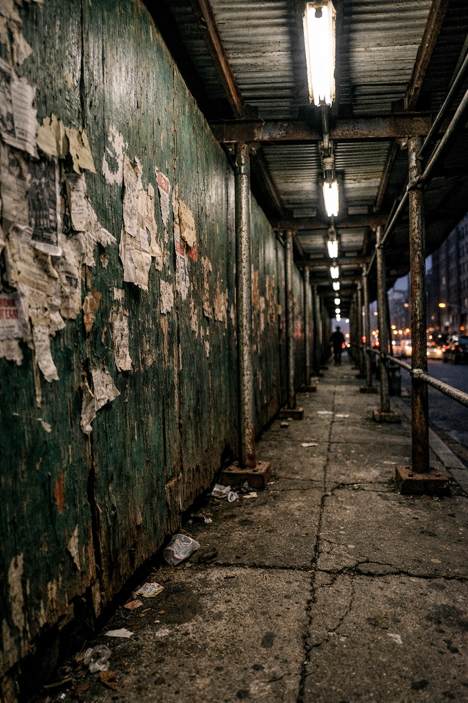 A dark New York City sidewalk under a weathered green plywood scaffolding shed showing urban decay at dusk.
