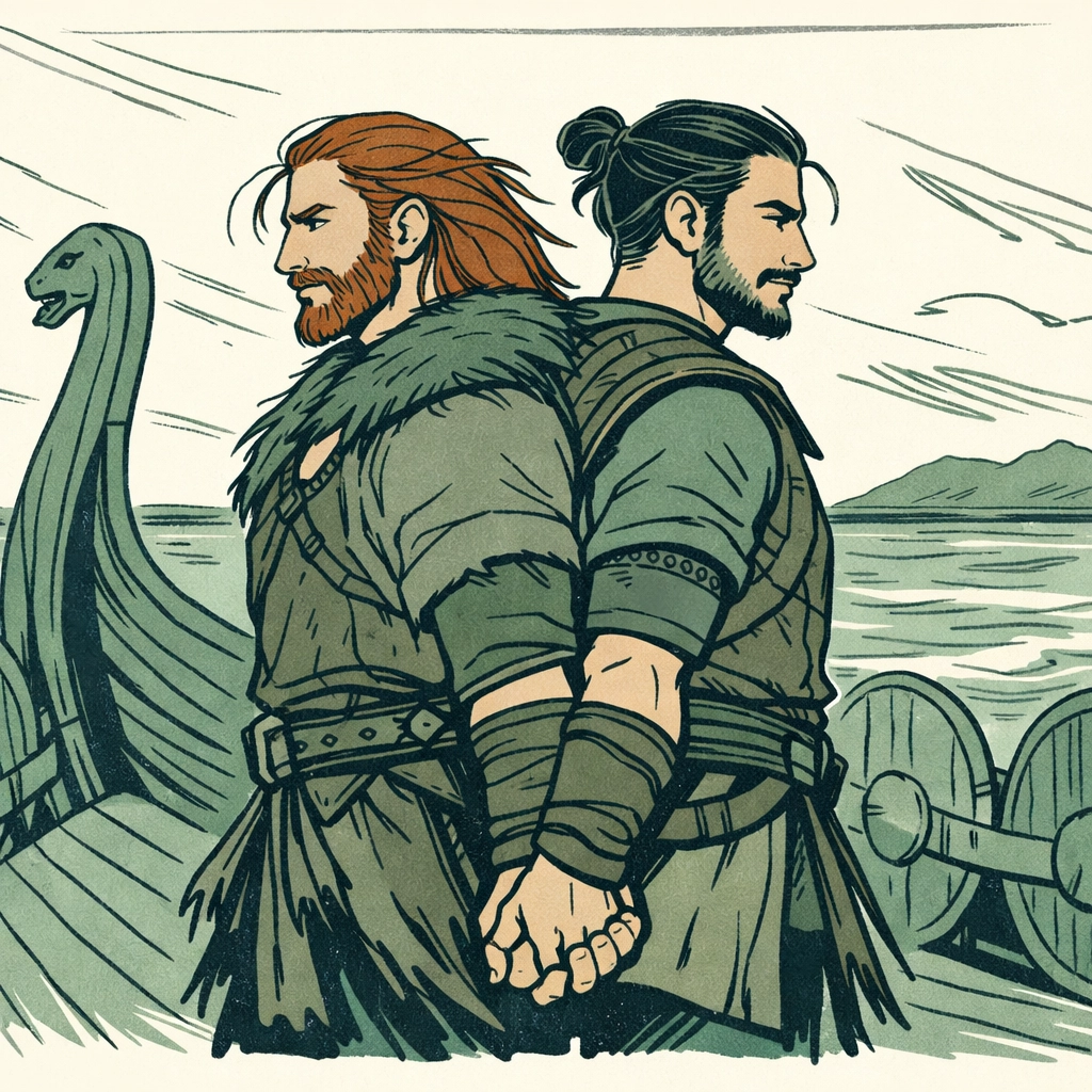 Viking shield-brothers stand together on longship deck - gay historical romance illustration