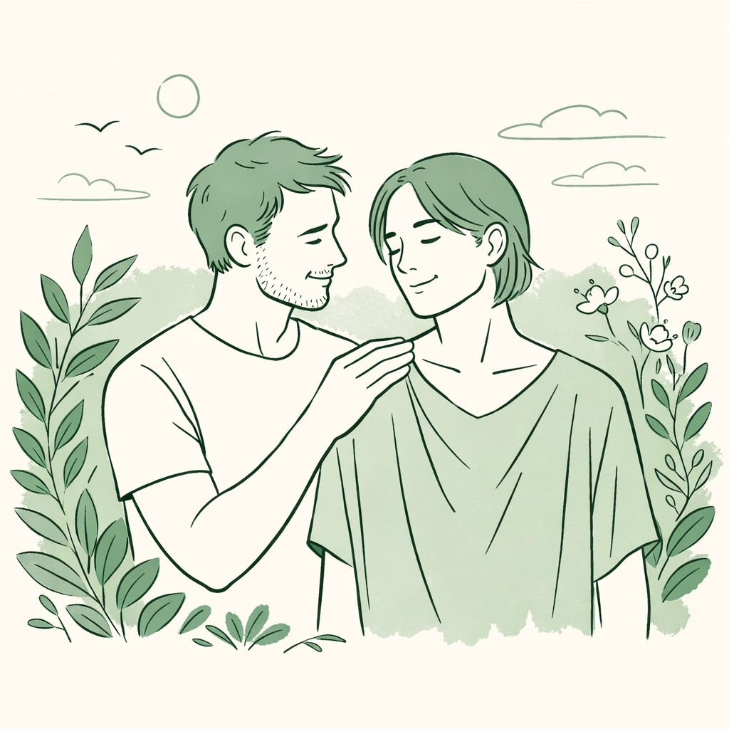 MM couple in a garden sharing gender-affirming love, celebrating non-binary identity