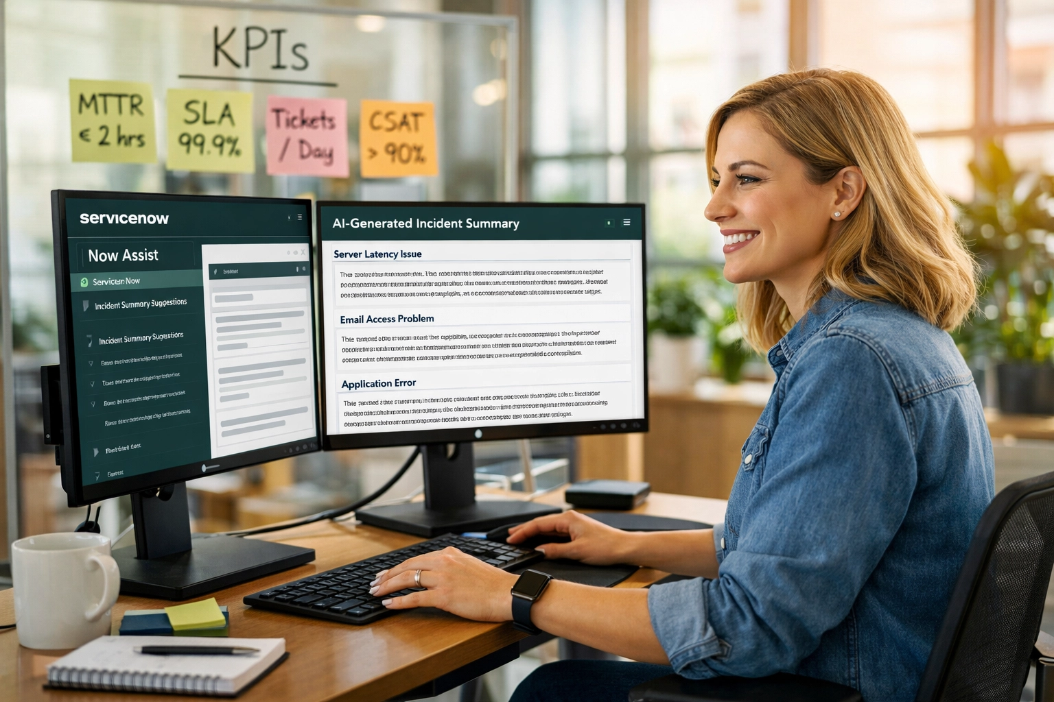 IT analyst monitoring ServiceNow Now Assist performance metrics and AI-generated incident summaries
