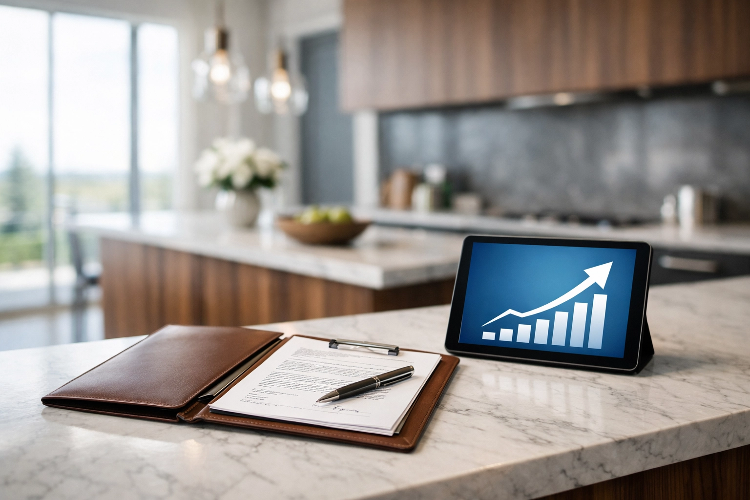 Financial planning for renting vs buying in Ontario with real estate documents on a kitchen island.