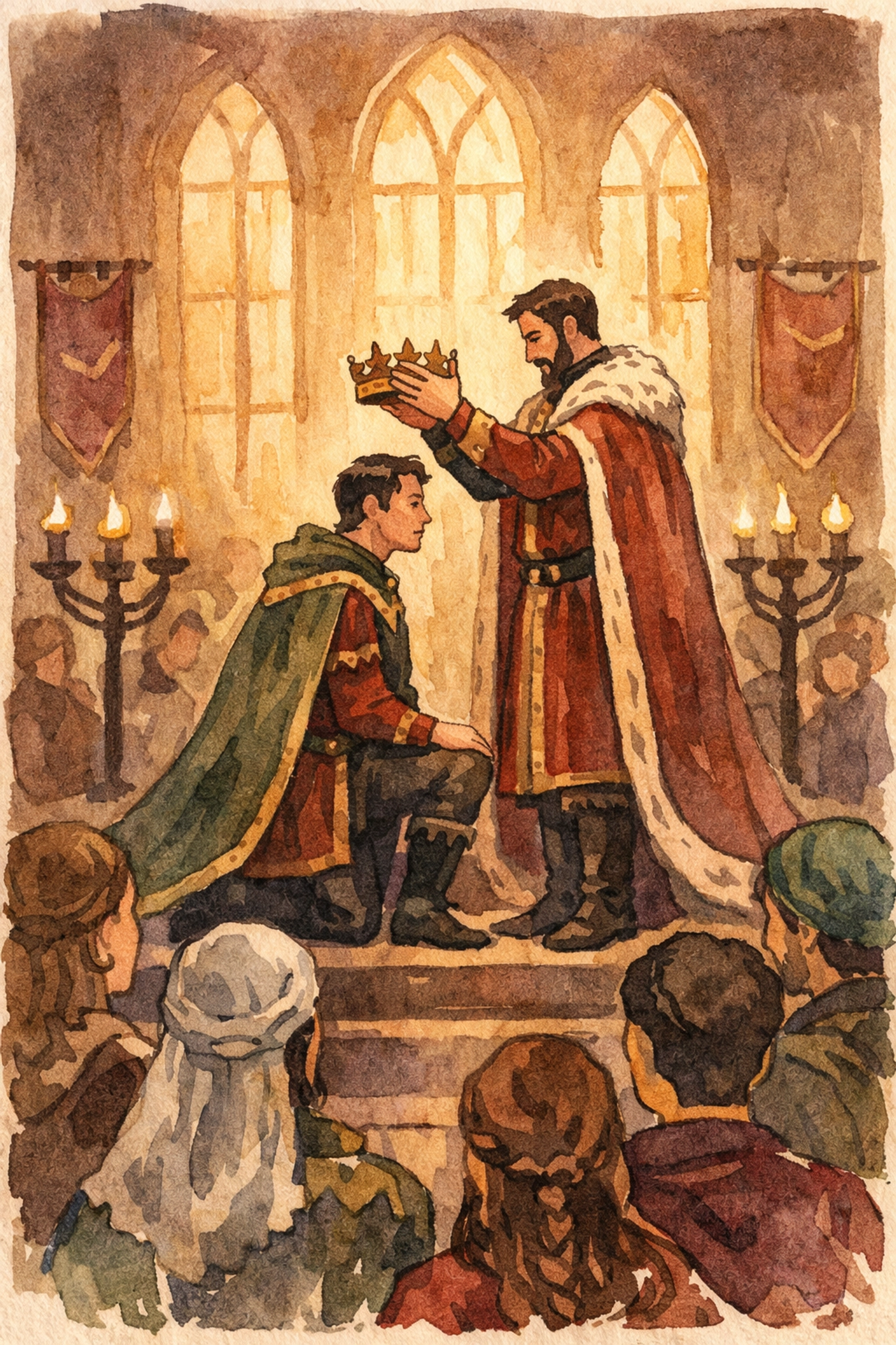 Succession ceremony with male monarchs in medieval throne room celebrating chosen heir coronation