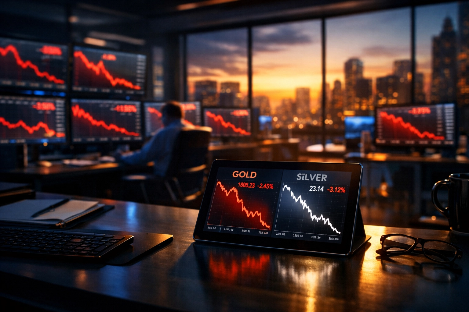 Trading floor screens showing declining stock market charts and falling commodity prices