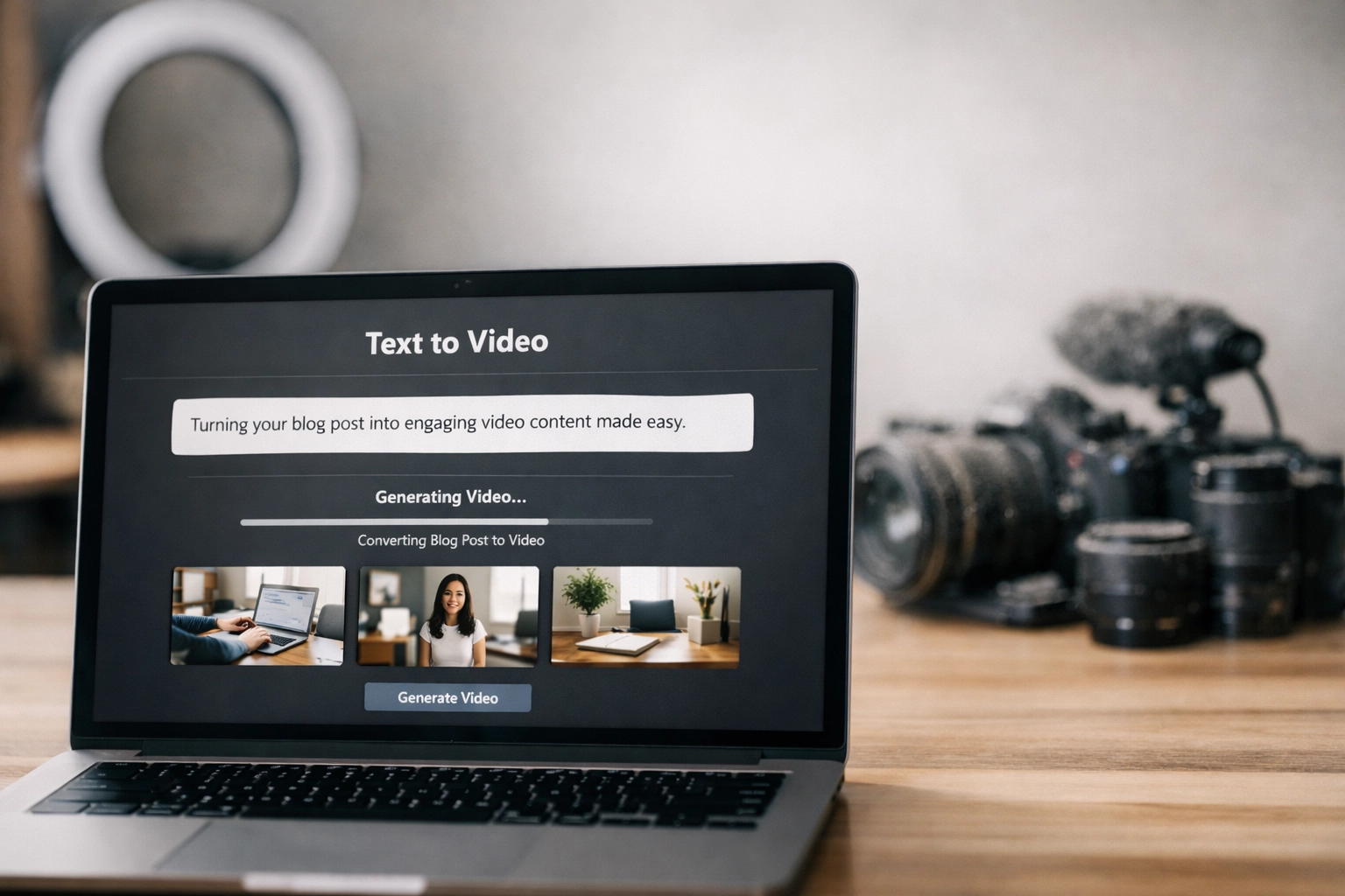Text-to-video AI interface transforming blog content into video without expensive camera equipment