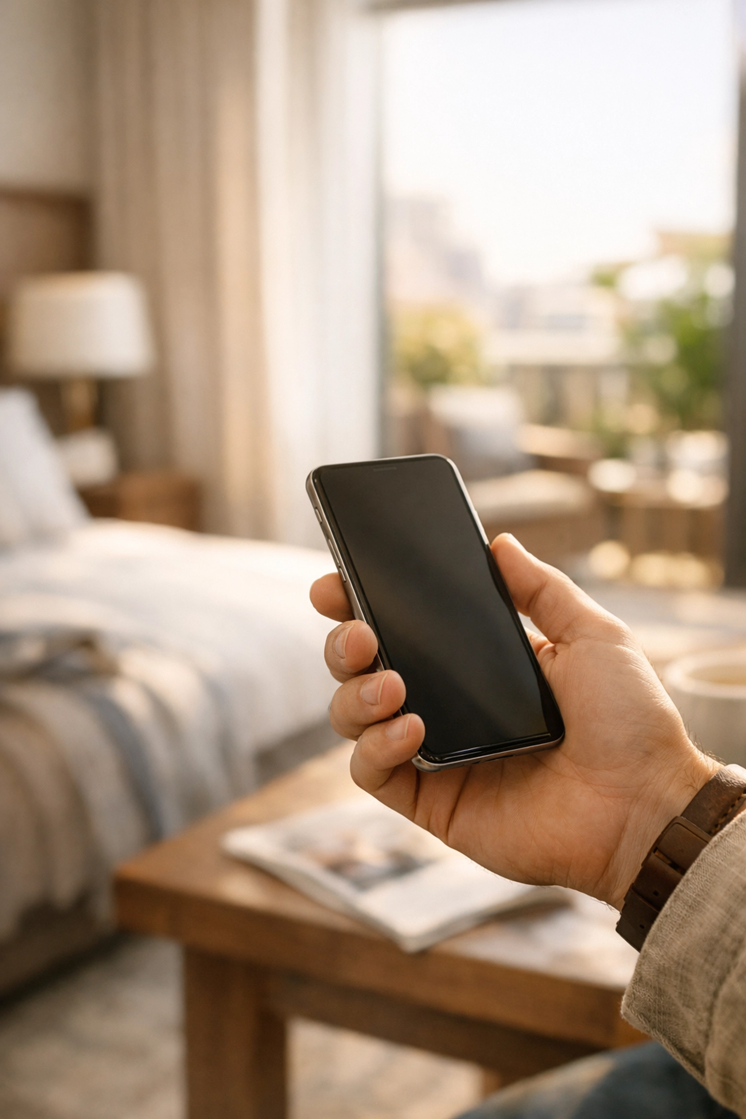 Guest using a smartphone to access automated pre-arrival details and self-check-in kiosk features.
