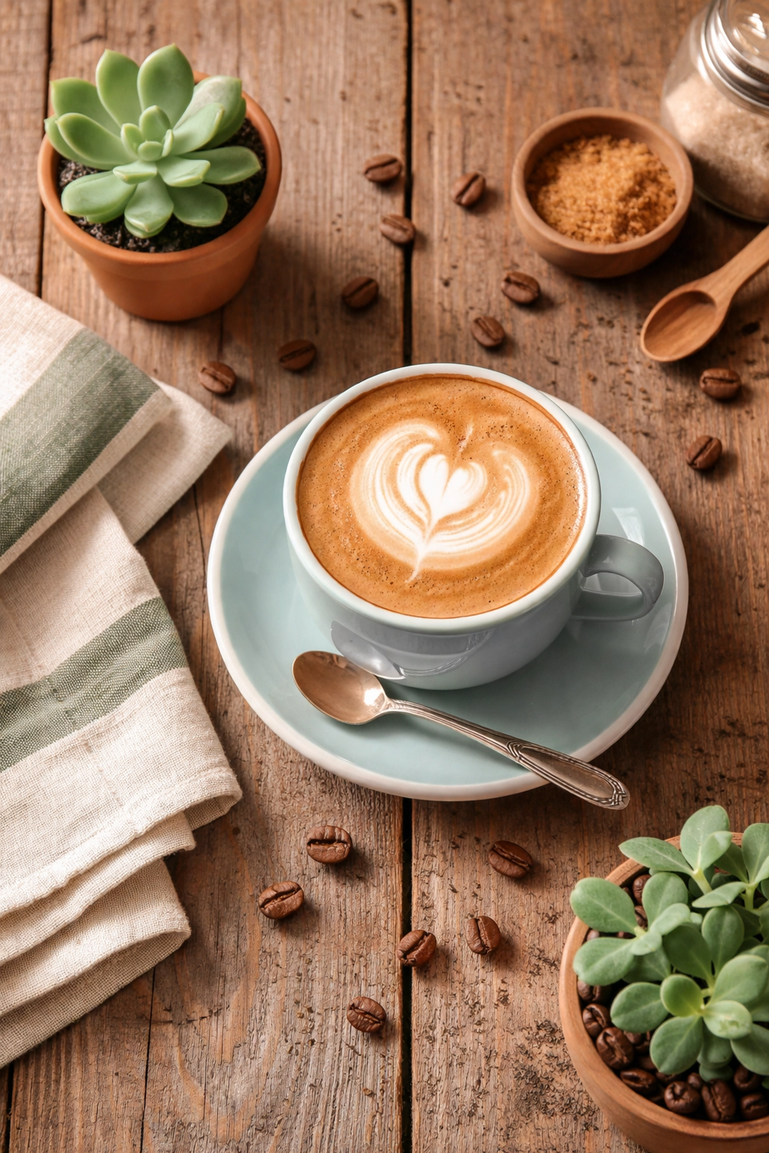 Cappuccino on a rustic wooden table with coffee beans, highlighting Felixstowe cafe scene