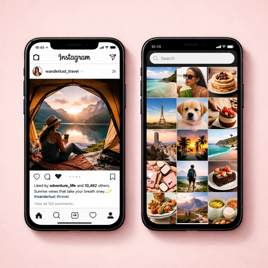 Comparison of Instagram feed view and search results on two smartphones side by side