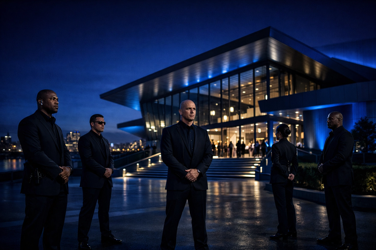 Professional security team providing proactive safety at a Richmond event venue during twilight.