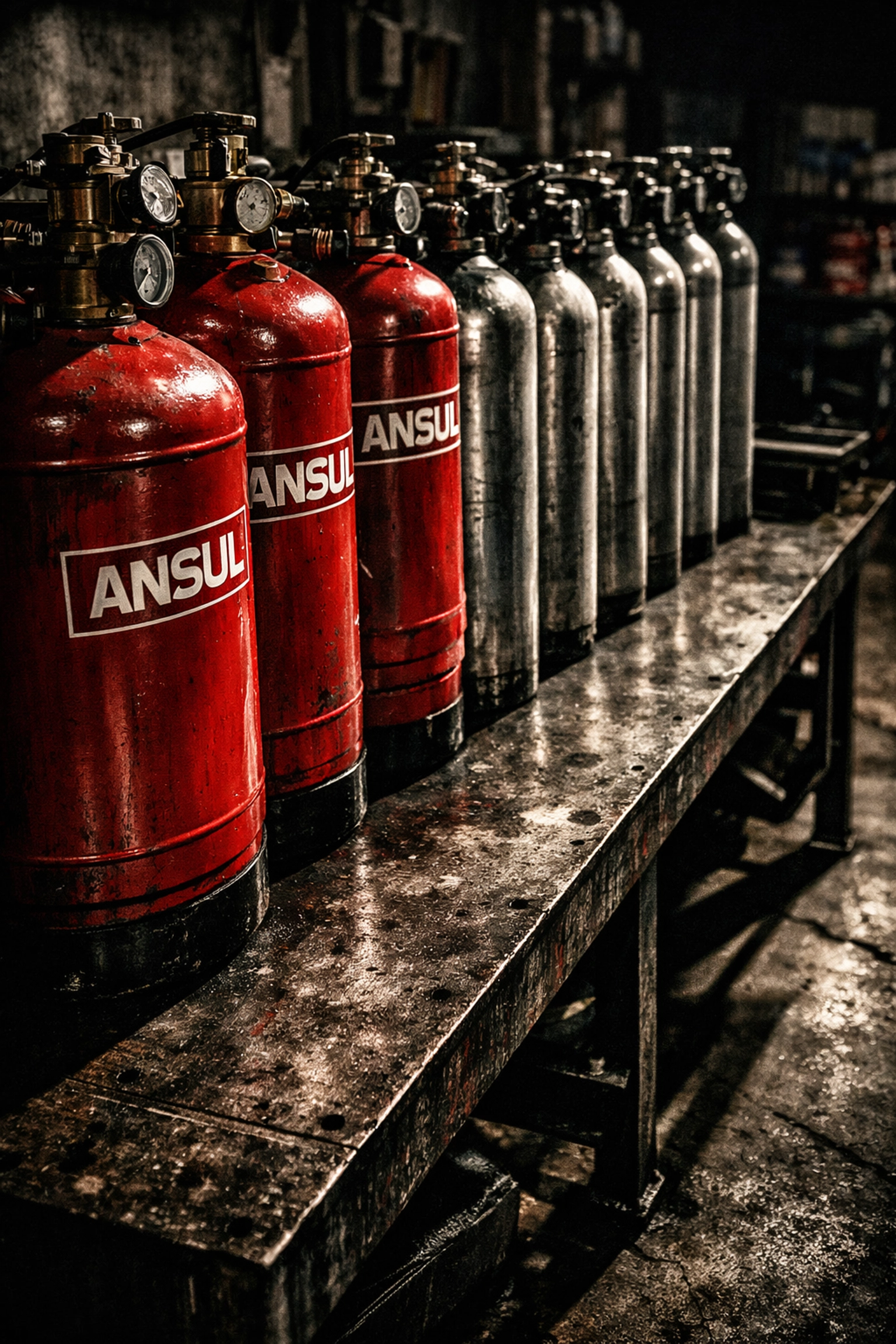 Industrial Ansul chemical tanks and cartridges used for fire suppression system maintenance in Fort Wayne.