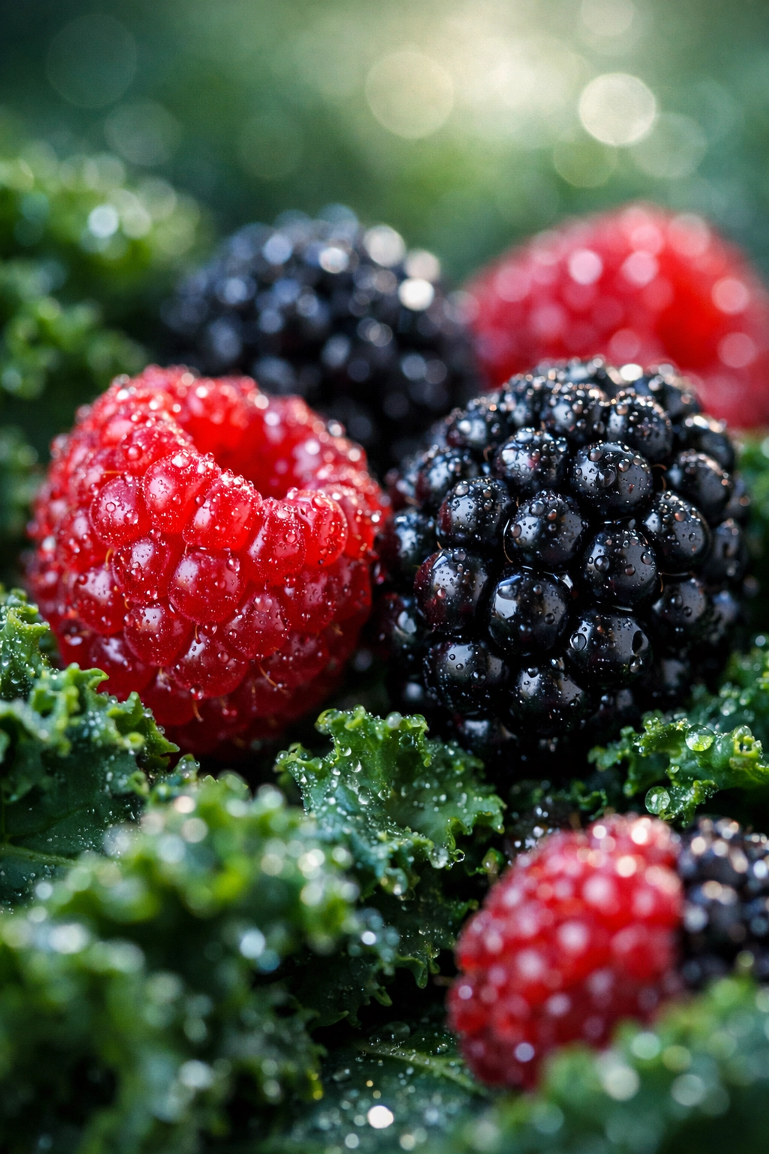 Macro view of berries and kale representing an anti-inflammatory diet for stress eating weight loss support.