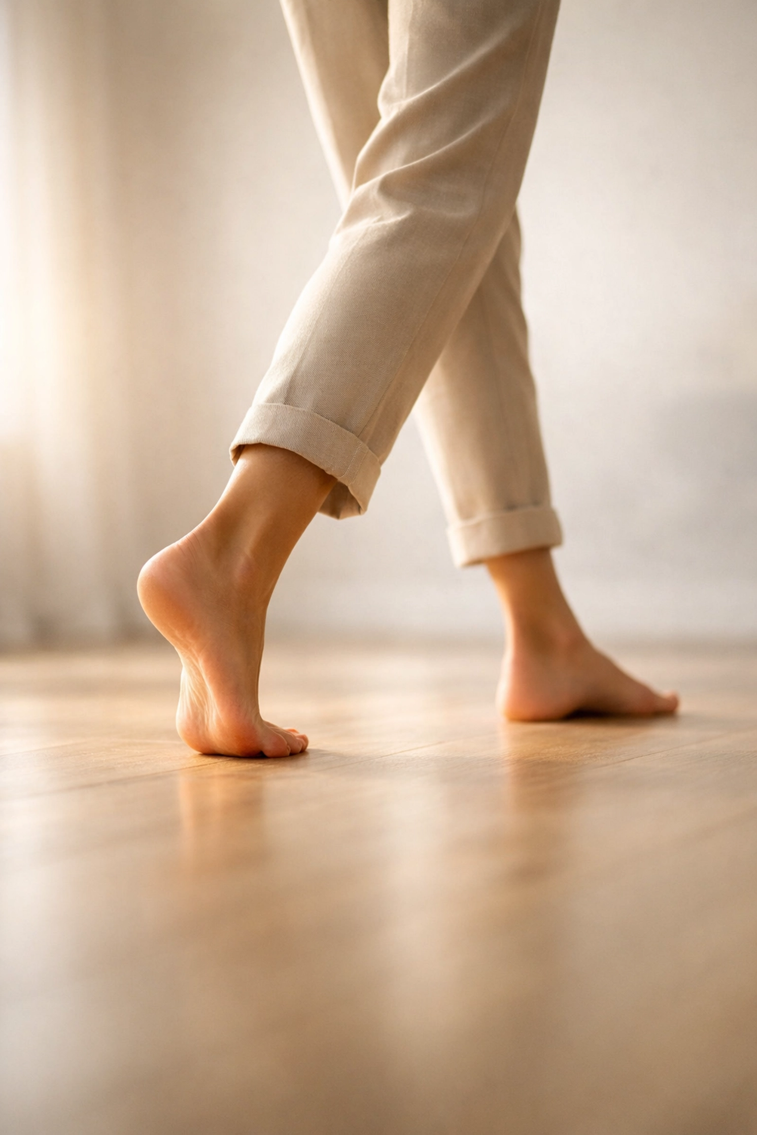 A person walking pain-free on a wood floor, demonstrating successful recovery through the 180 Sciatica Solution.