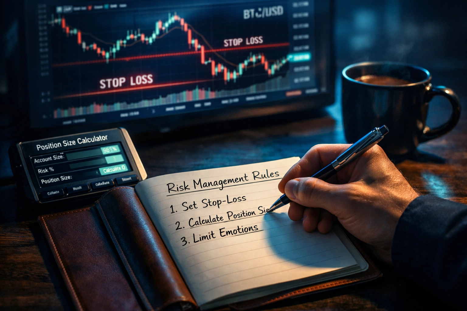 Trader writing risk management rules with Bitcoin chart displaying stop-loss levels on monitor