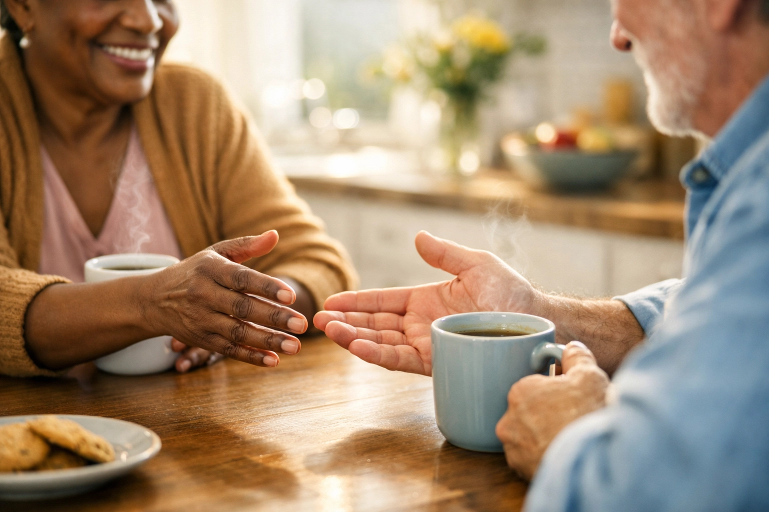 Two neighbors of different backgrounds sharing a conversation, illustrating community integration and kindness.