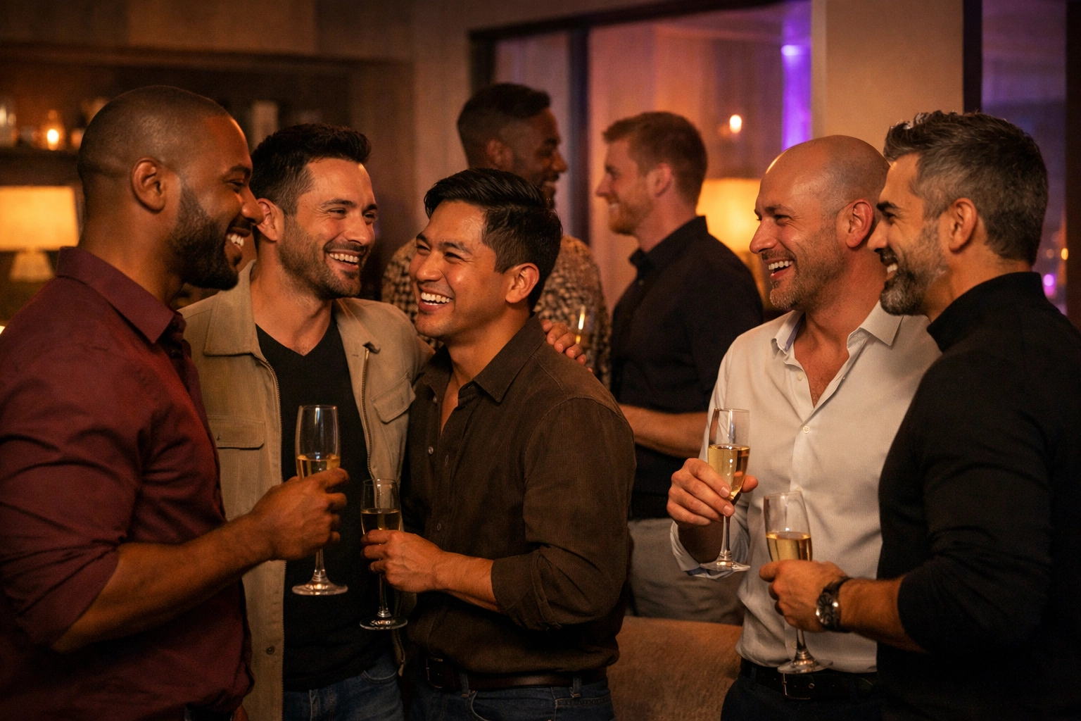 Gay men socializing at an upscale house party with champagne and conversation