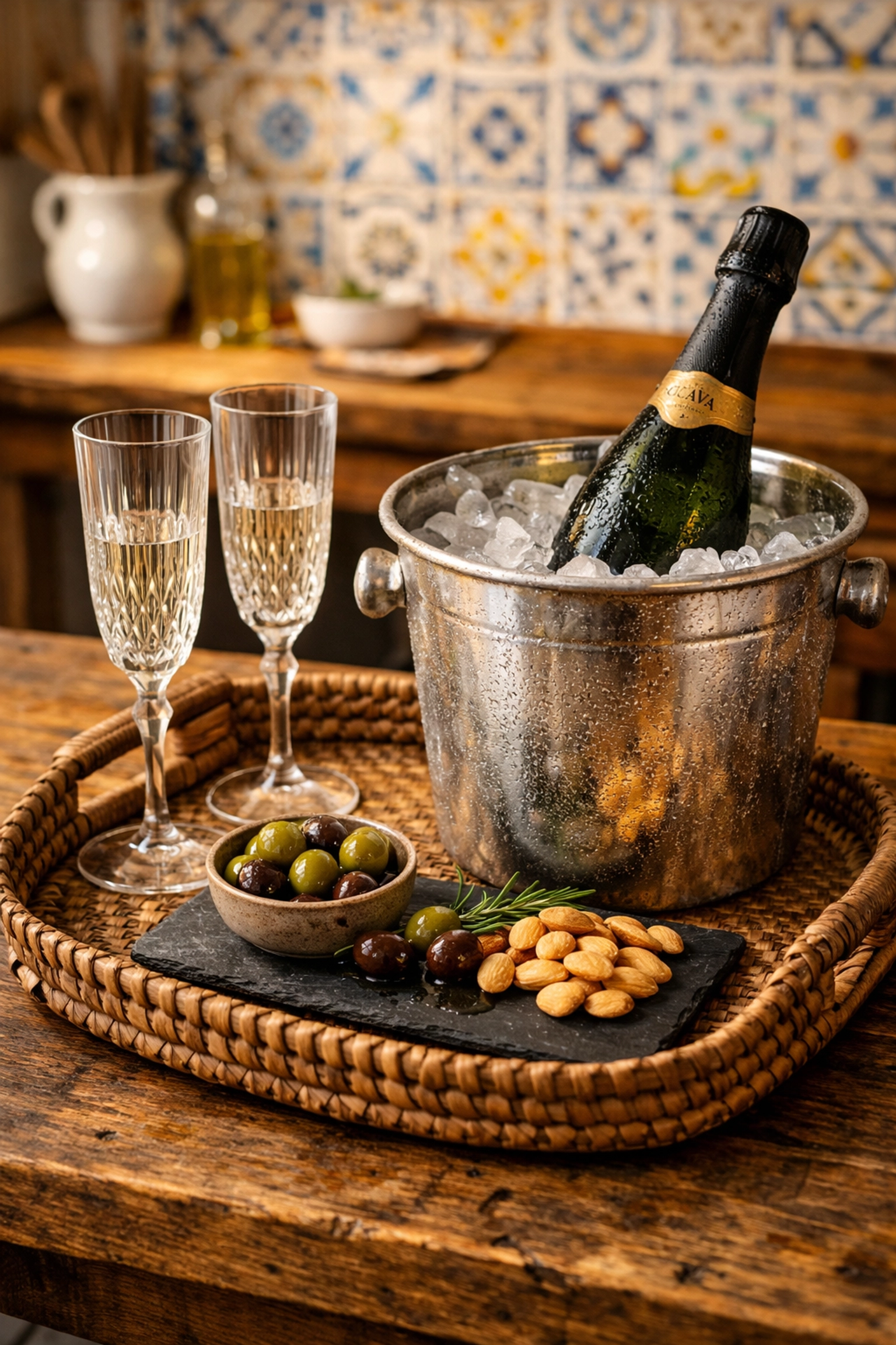 Luxury vacation rental guest welcome tray with Spanish Cava and local appetizers.