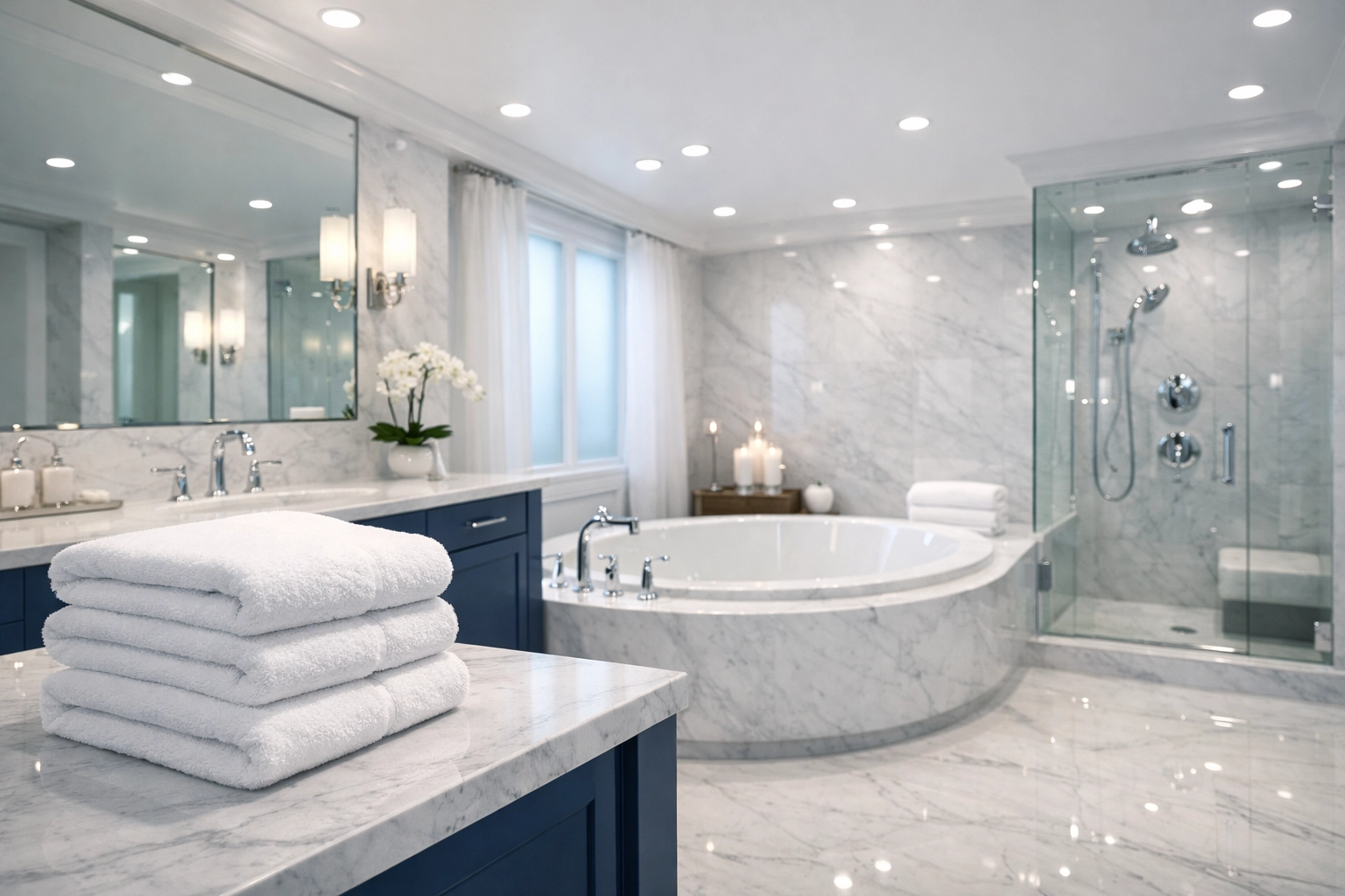 Spotless luxury bathroom featuring marble countertops and professional residential cleaning service results.