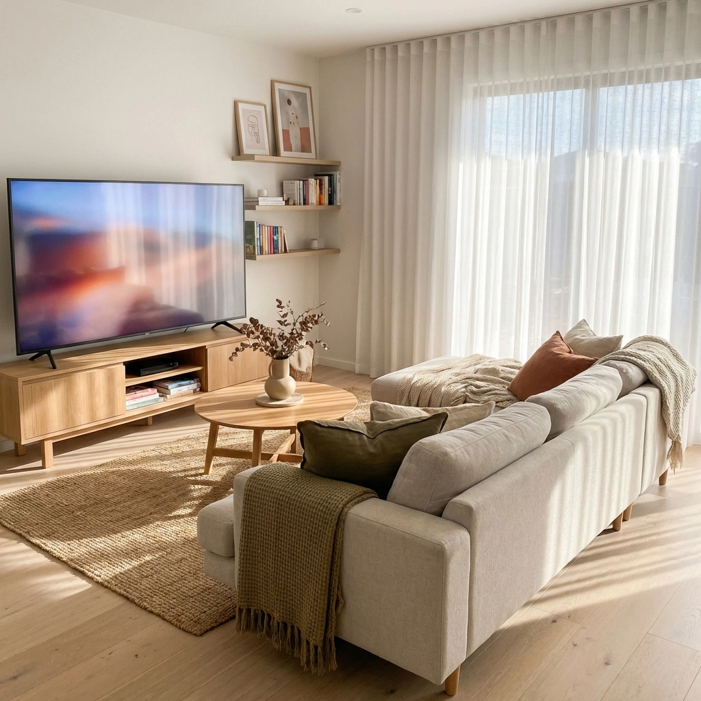 Cozy, bright family living room with TV screen glowing, representing togetherness and family movie choices.