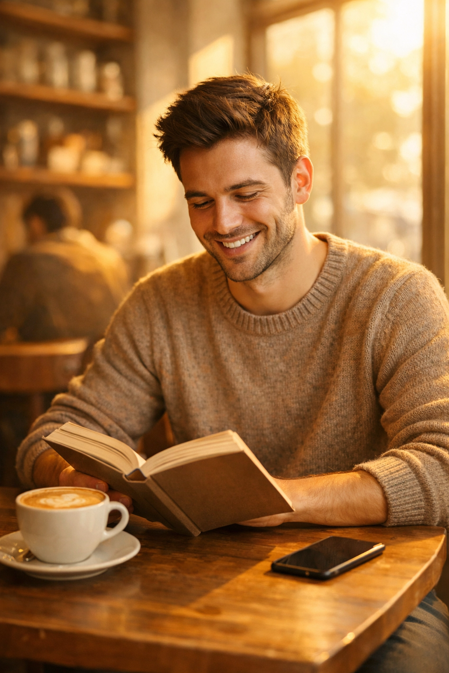Man reading gay romance book in coffee shop after moving on from ghosting