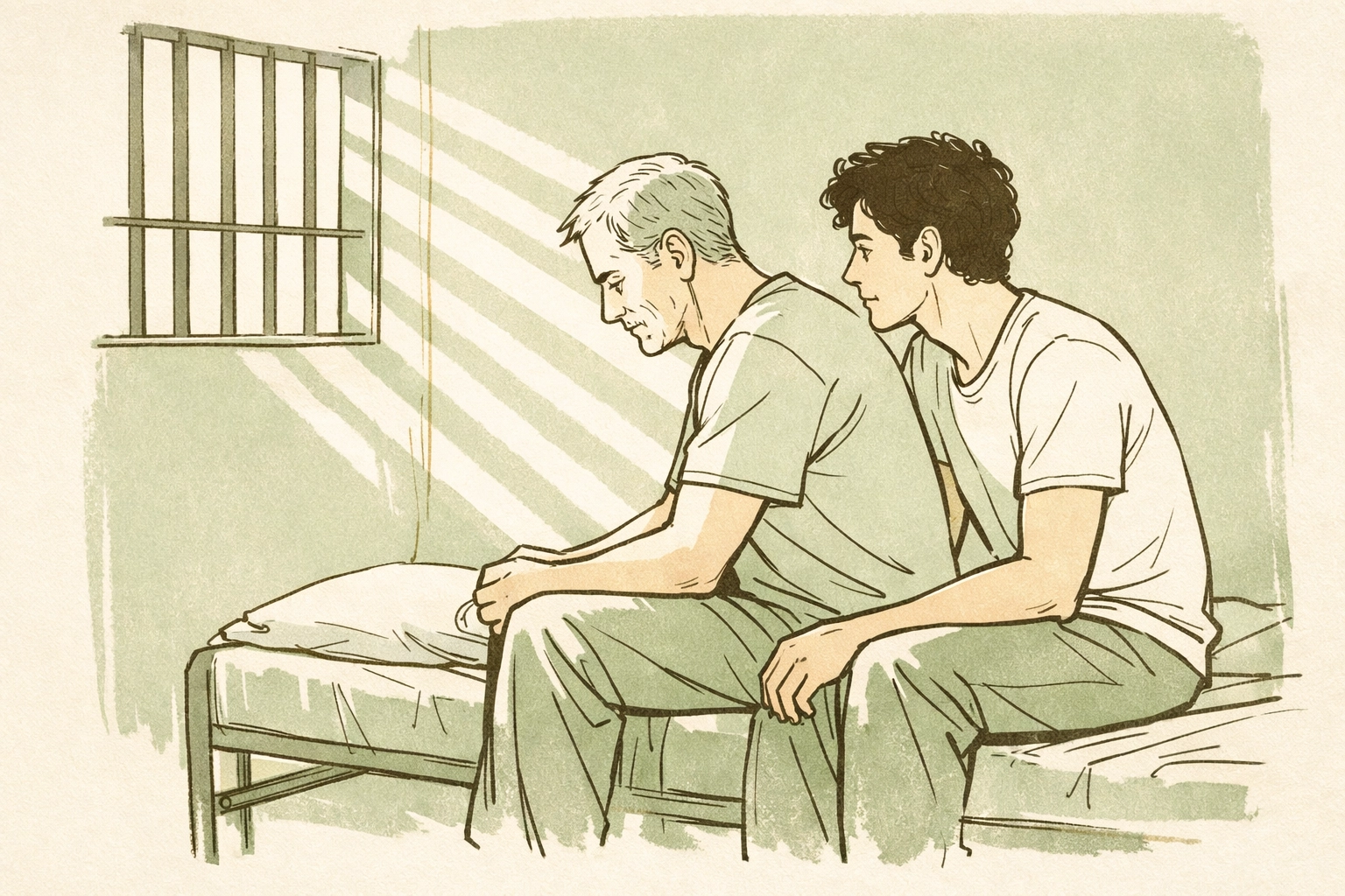 Intimate moment between older and younger man on prison bunk in gay romance C-Block Blues