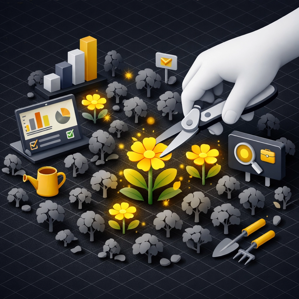 Digital garden illustration representing CRM optimization and real estate database cleanup.
