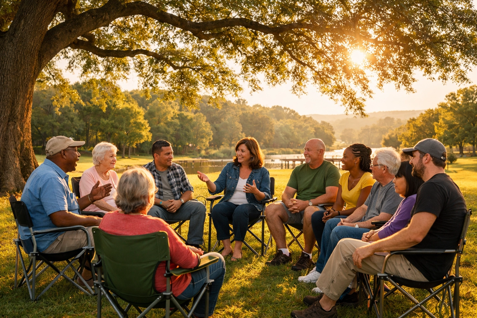 Outdoor community recovery group meeting in a North Carolina park for social connection and support.