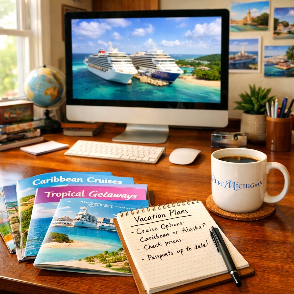 Local cruise travel agent office in Flushing MI with destination brochures and planning materials