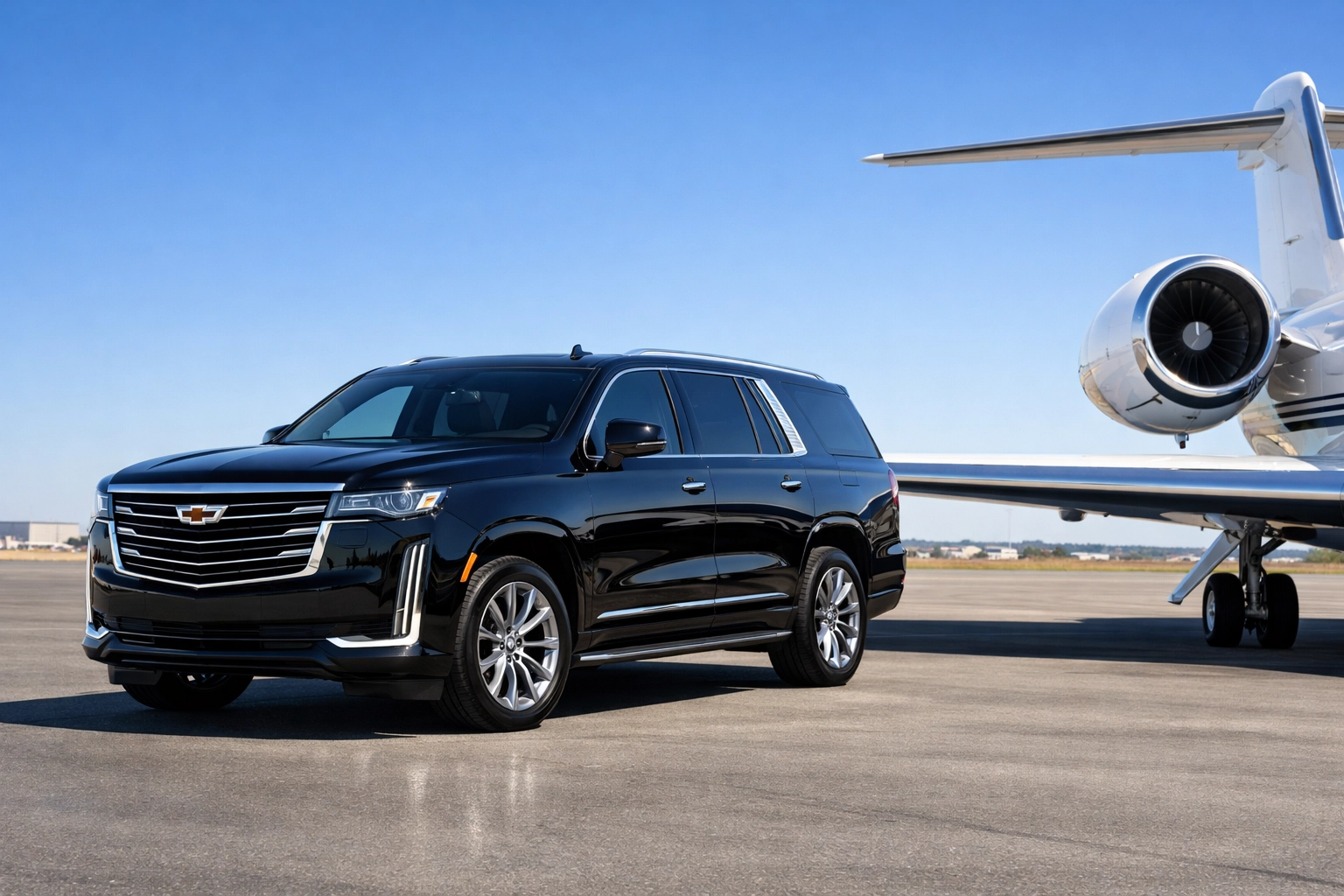 Luxury SUV and private jet on an airport tarmac illustrating elite Super Bowl executive travel logistics.
