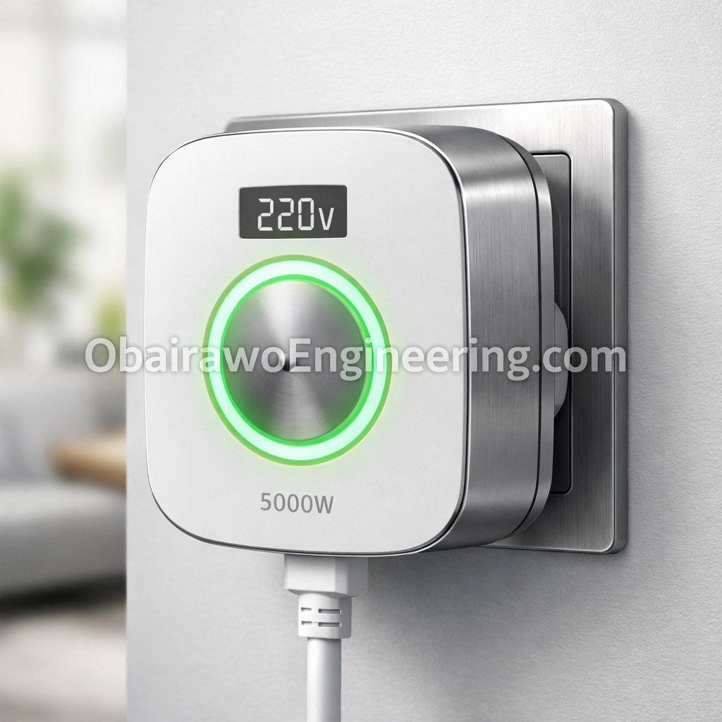 Obairawo Engineering 5000W Energy Saving Device plugged into a wall outlet for home power optimization.