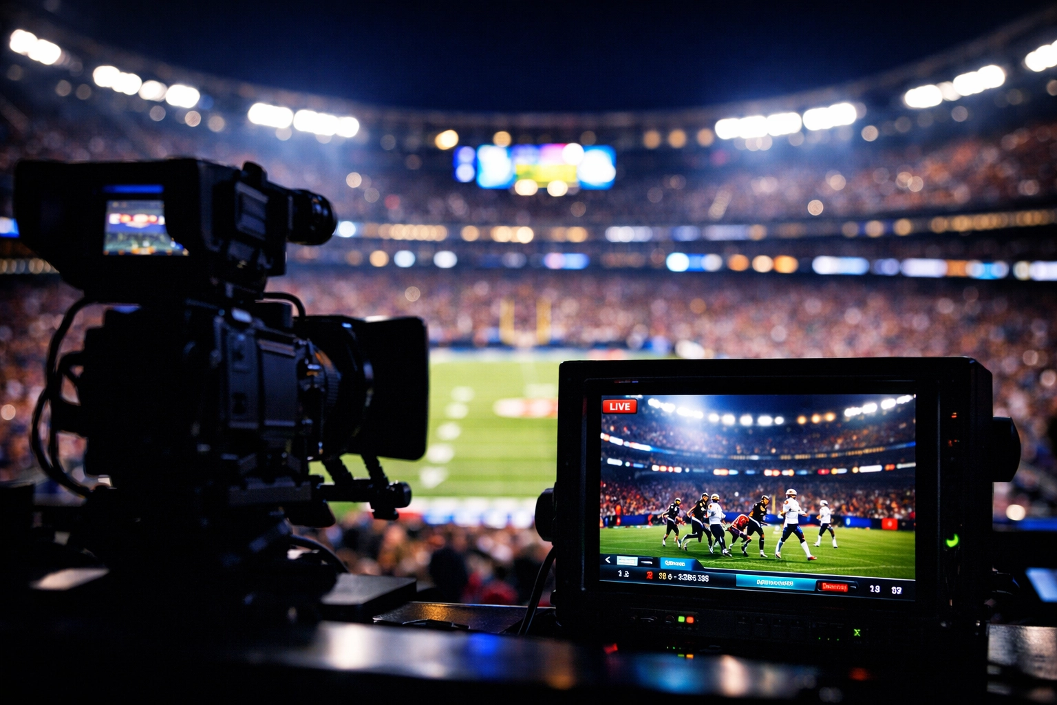Professional sports media production team broadcasting live from a Super Bowl stadium.