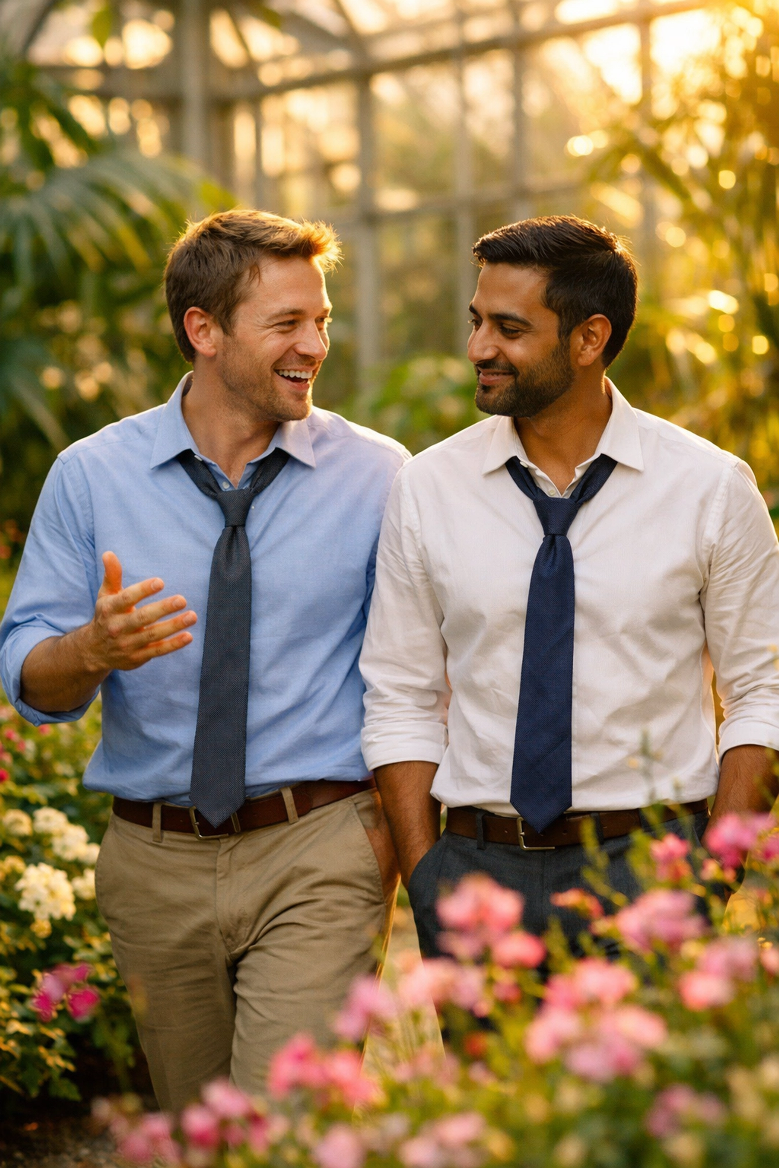Two men walking together in Bern's Botanical Garden, MM romance setting in Switzerland