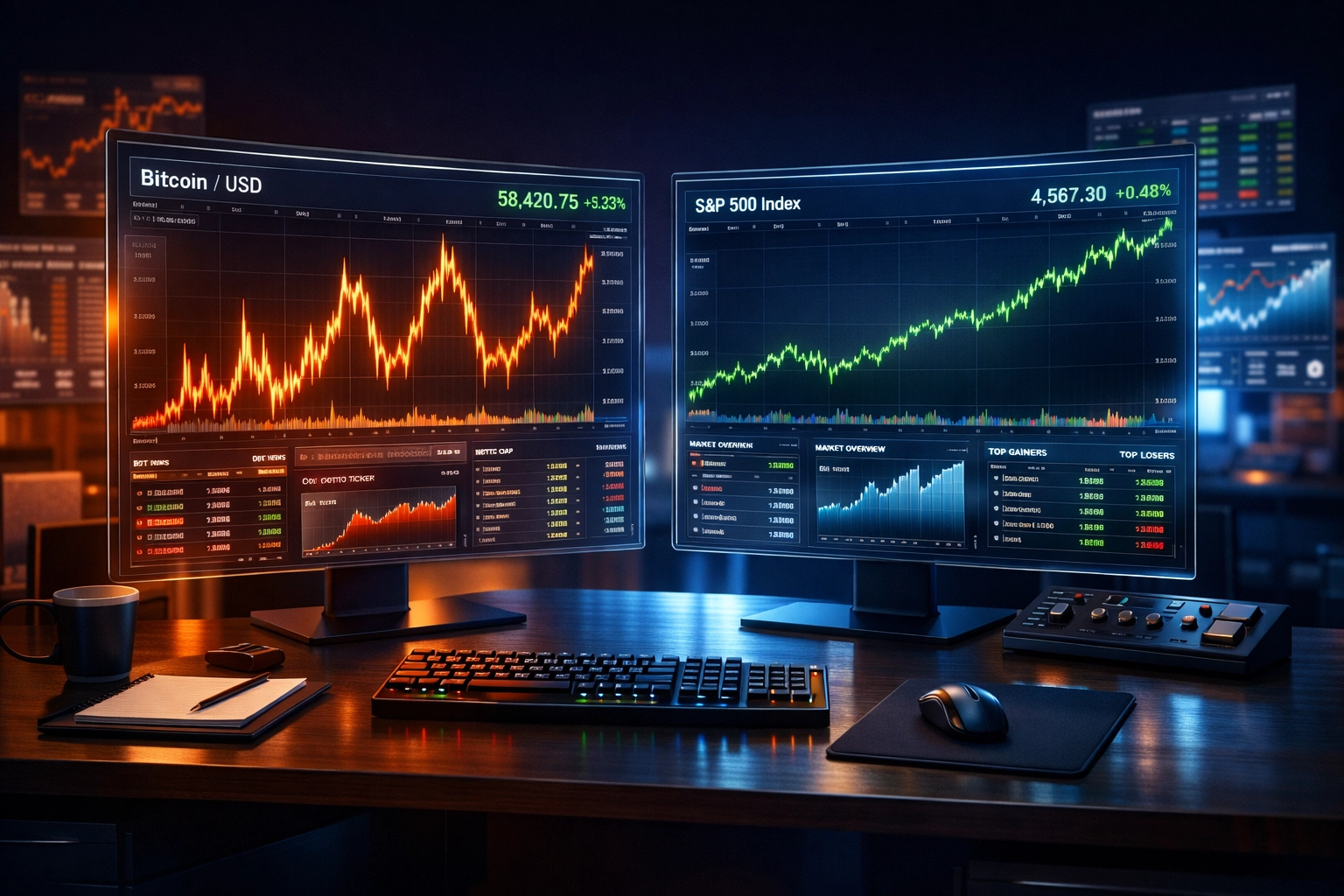 Bitcoin volatility charts compared to traditional stock market data on institutional trading desk