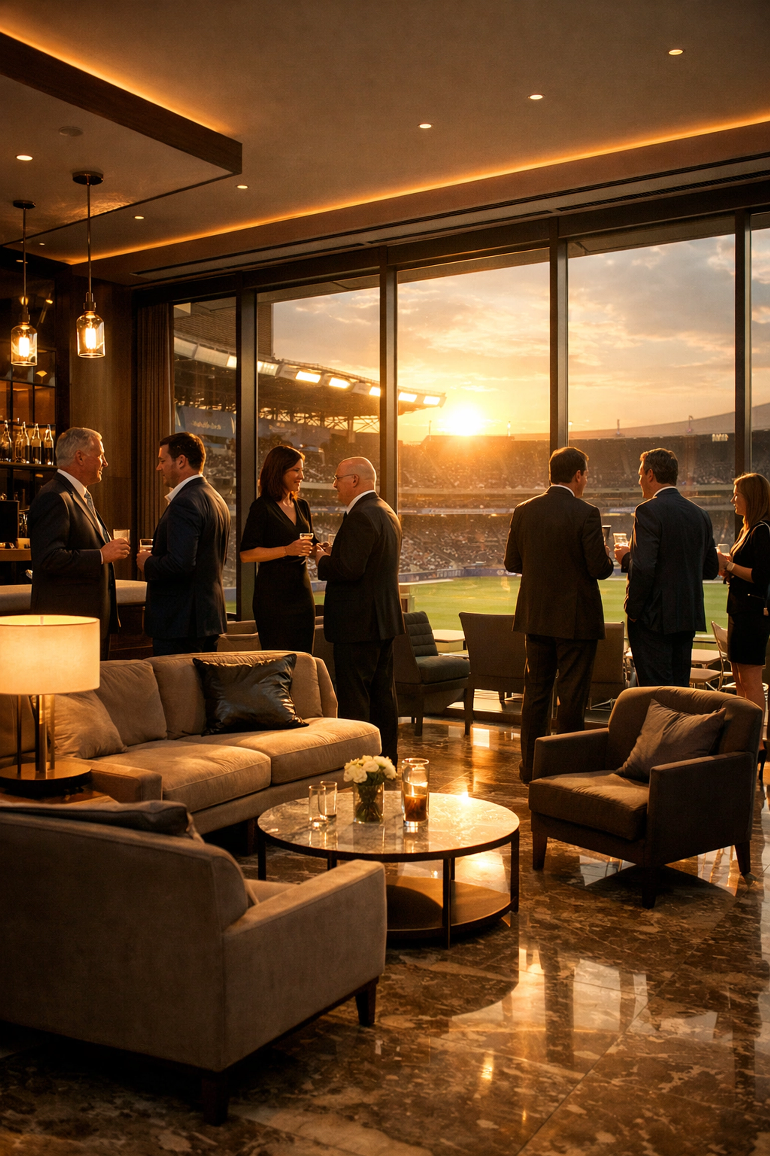 Corporate hospitality suite overlooking stadium for Super Bowl executive networking
