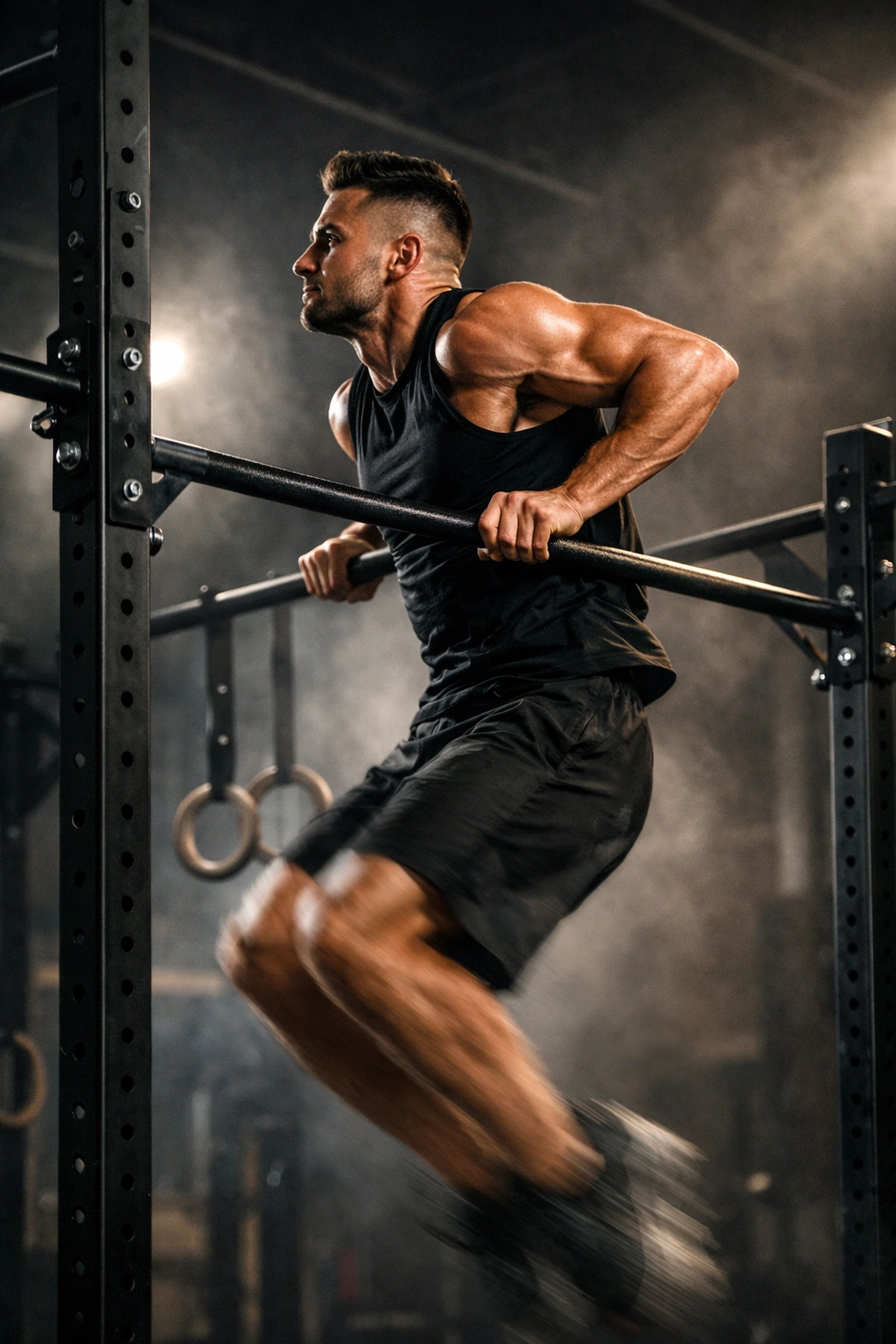 Athlete performing muscle-up on competition-grade calisthenics equipment